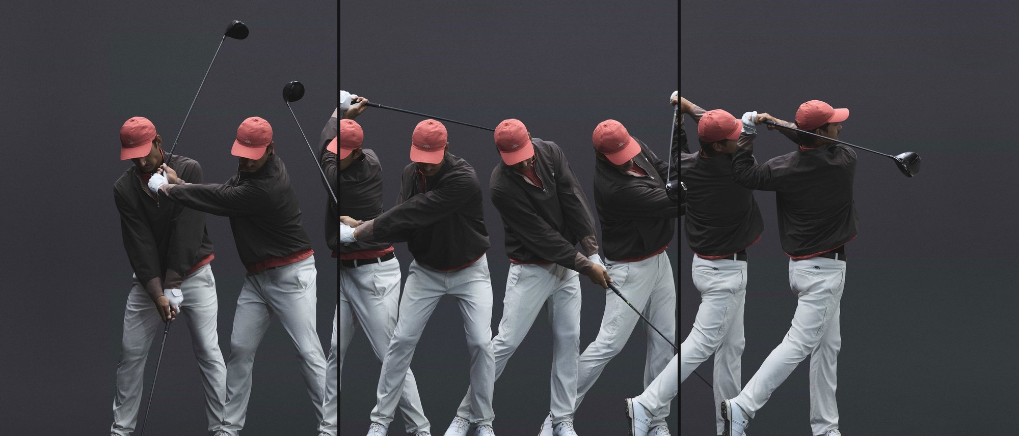 Alba Golf launch campaign: one golfer in a salmon cap and dark jacket, shot as a multiple-exposure swing sequence