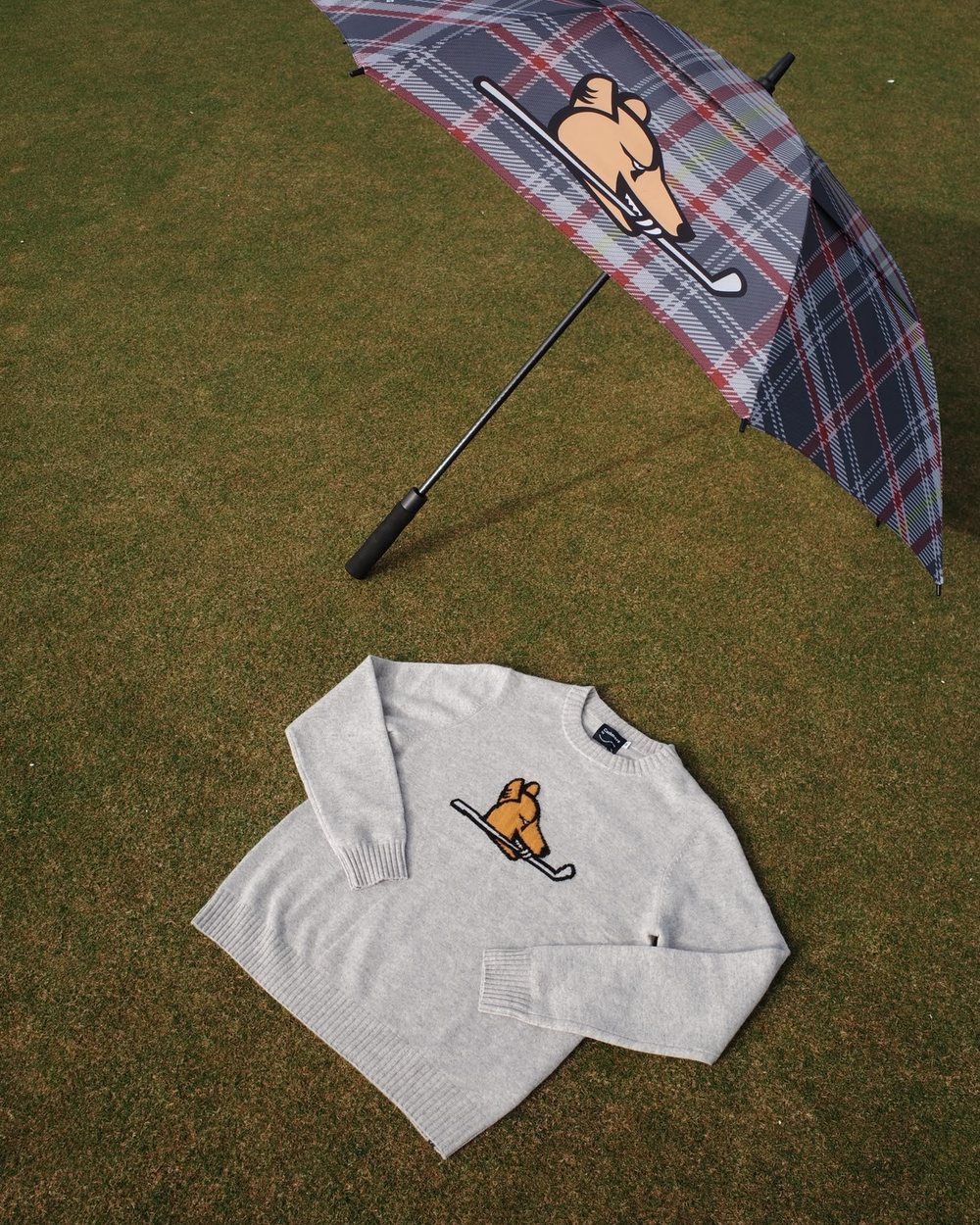 A plaid umbrella and a gray sweater with a golfer graphic lying on the grass