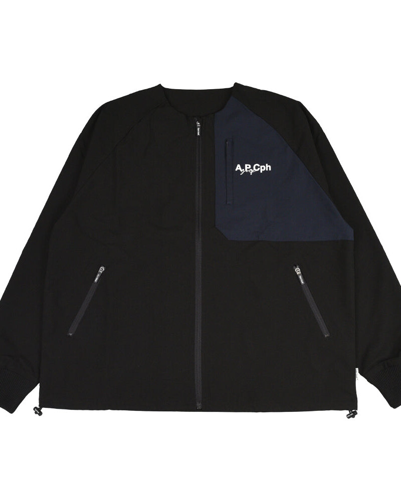 A.P.Cph/Golf zipper no collar jacket in black with navy contrast panel · view 1 of 4
