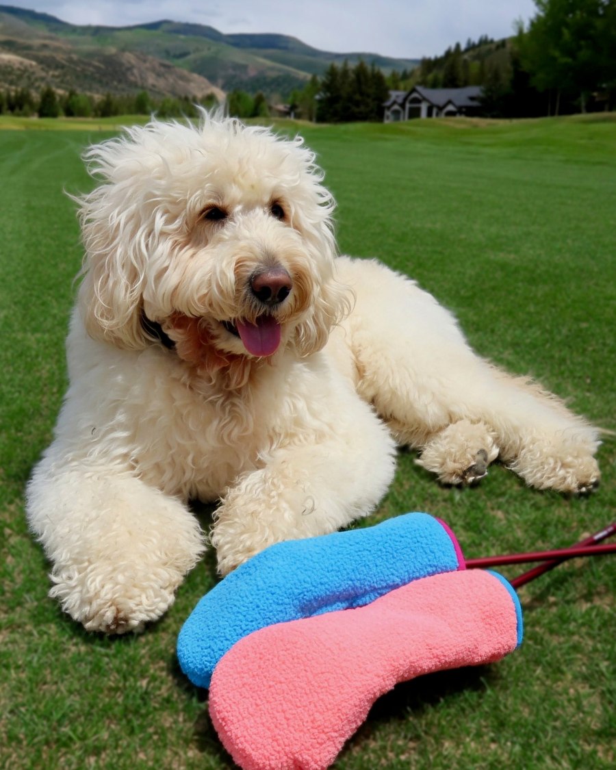 A goldendoodle lying on a fairway with two sherpa fleece covers beside it