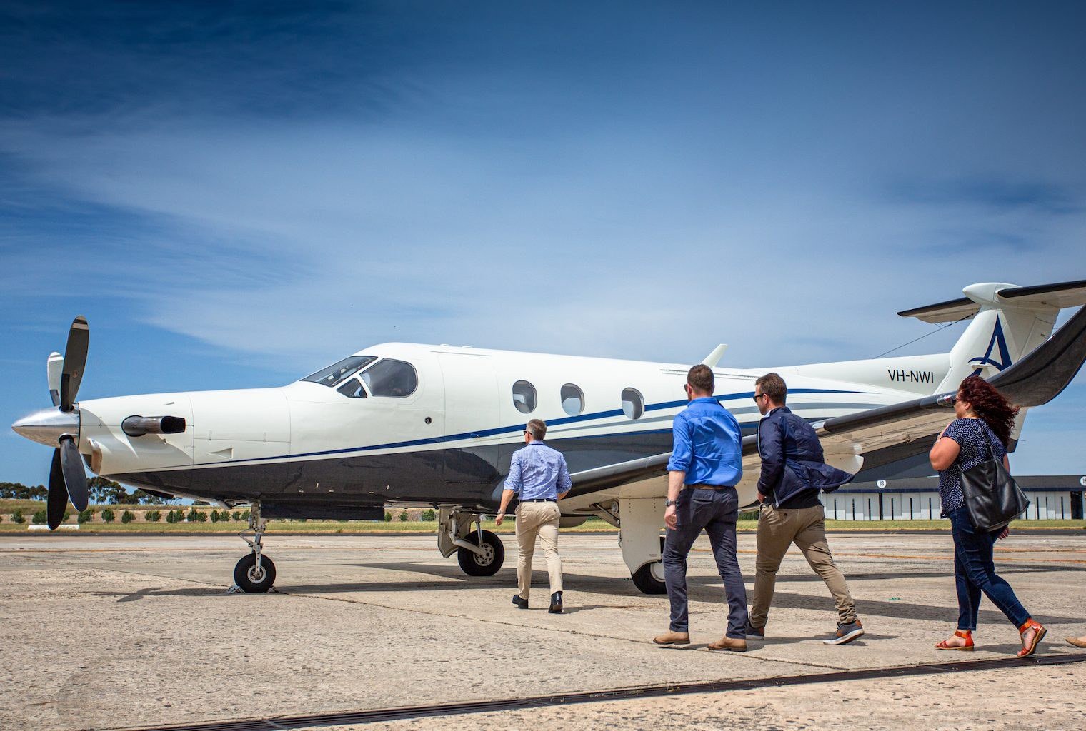 Jet Set Golf players boarding the Pilatus PC-12 charter for King Island