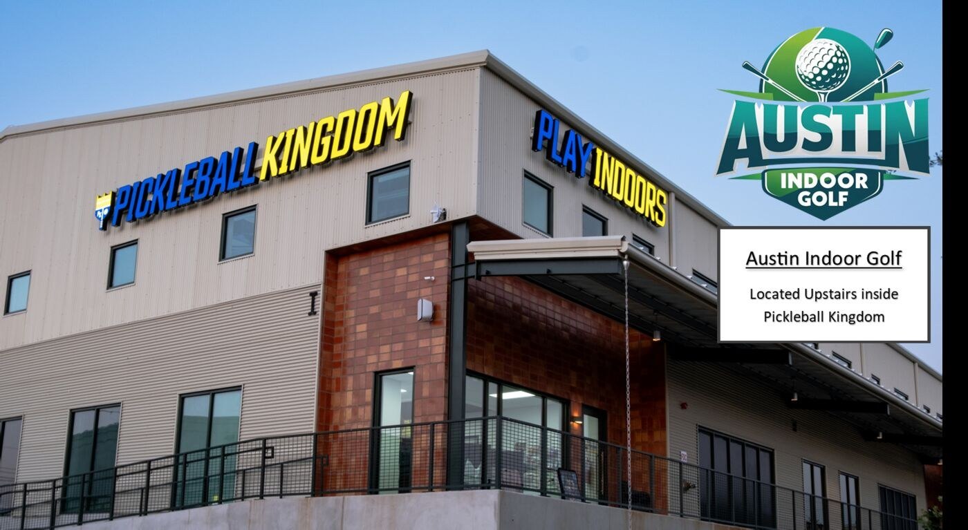 The Pickleball Kingdom building in Pflugerville that houses Austin Indoor Golf upstairs