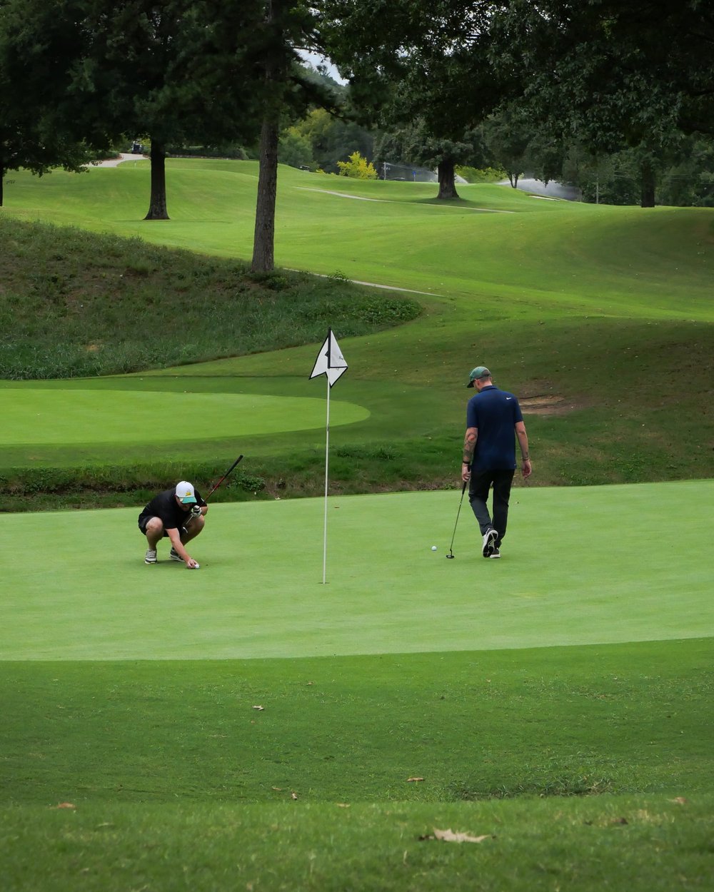 Two golfers on a green framed by trees