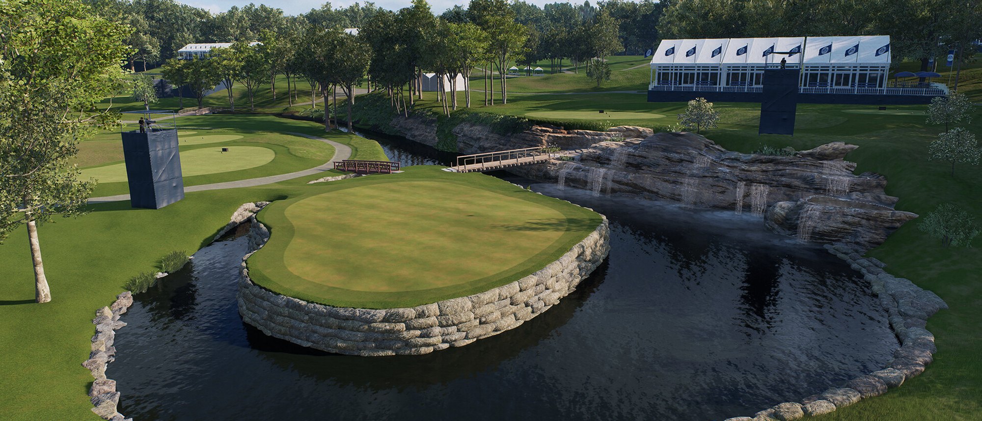 An island green surrounded by water and grandstands in EA Sports PGA Tour
