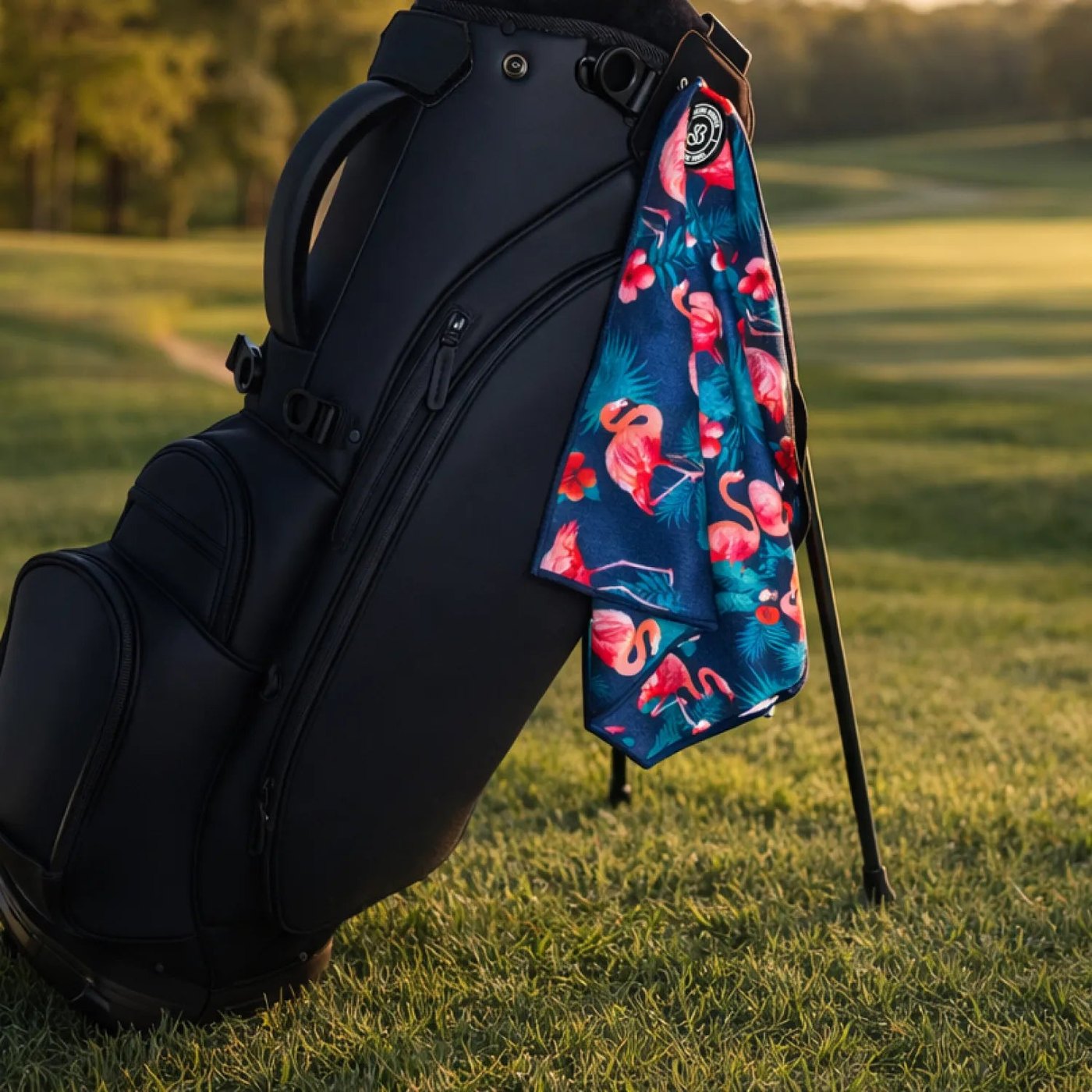 Sinking Birdies flamingo print magnetic golf towel · view 2 of 4