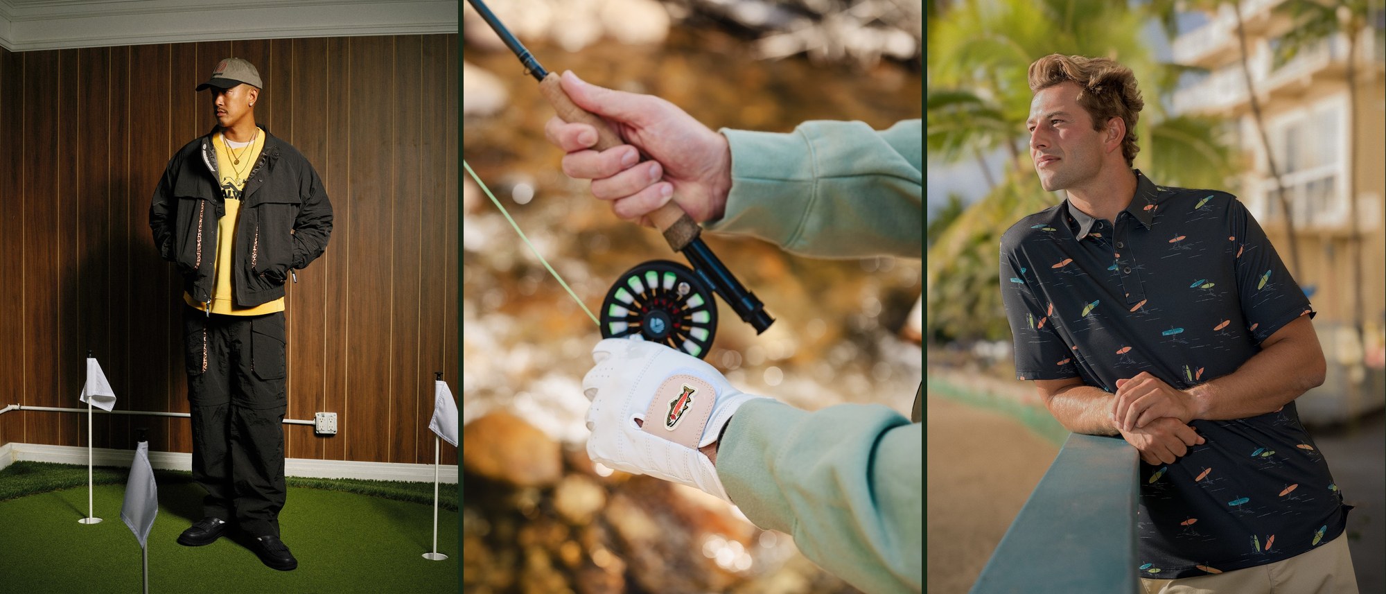 Three photos side by side: a golfer in Metalwood climbing-pocket pants on an indoor putting green, a gloved hand holding a fly rod over a river, and a Dormie Workshop headcover with surf stripes and a shaka