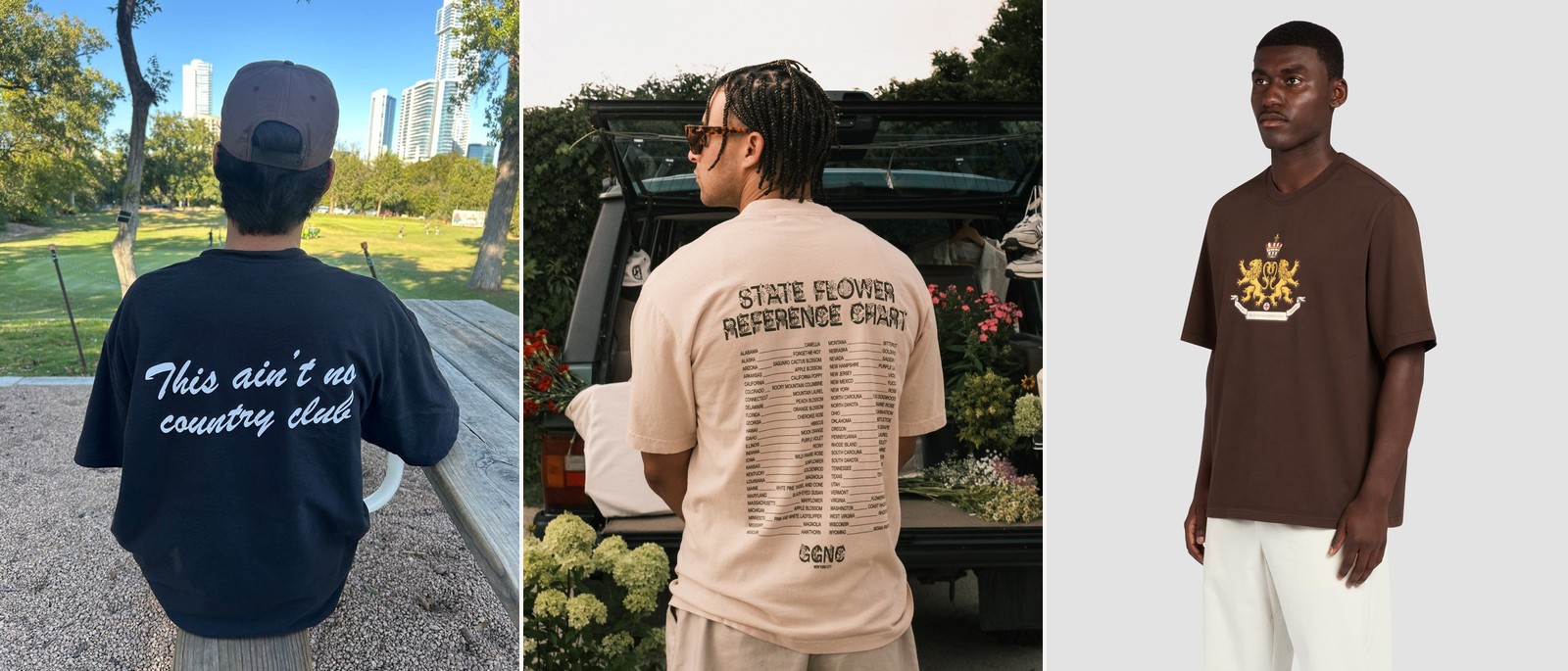 Three graphic tees worn on the back and front — Butler Pitch & Putt’s ‘This ain’t no country club’ shot at the course with downtown Austin behind, Gumtree’s State Flower Reference Chart printed across the back, and the Reebok x Manors crest