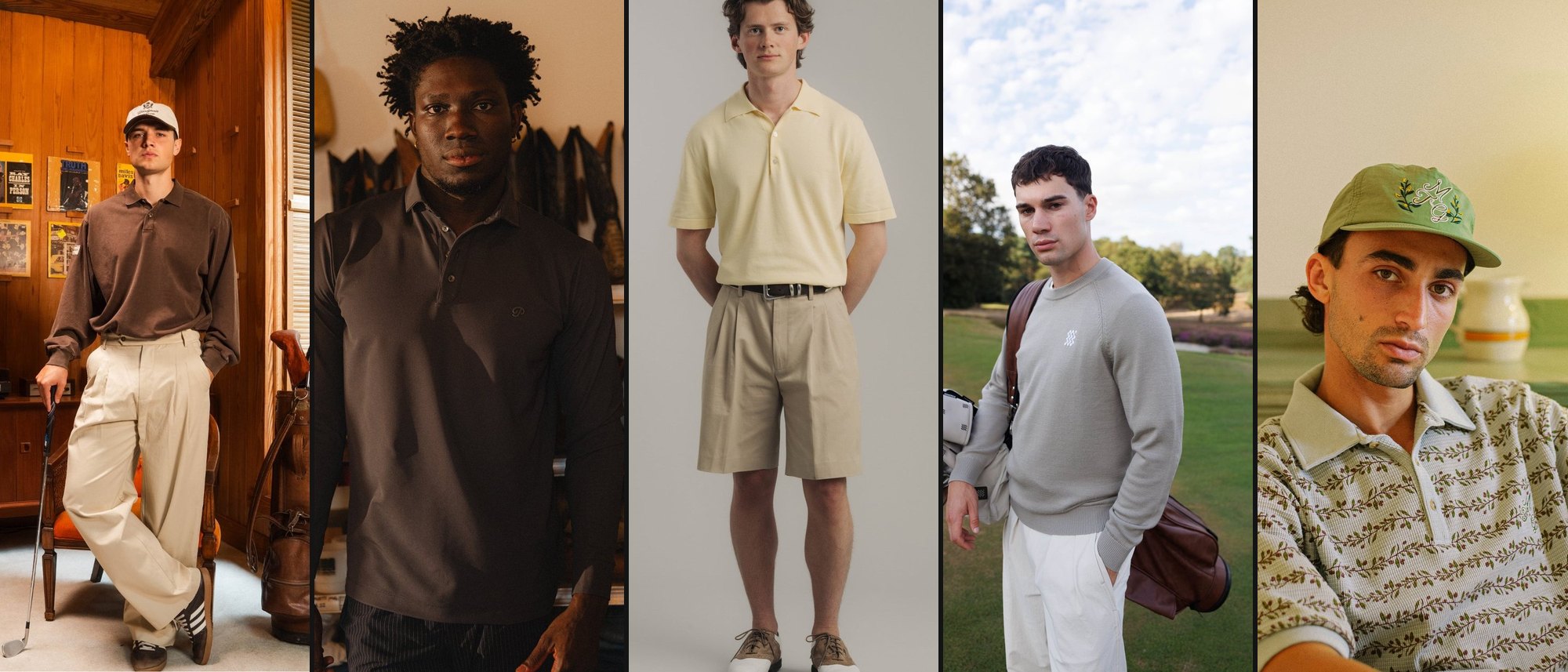 Five golf looks side by side, one from each capsule: tan pleated trousers in a wood-panelled clubroom, a slate waffle polo, a pleated short and knit polo, a merino crew on the course, and a waffle polo with a green cap
