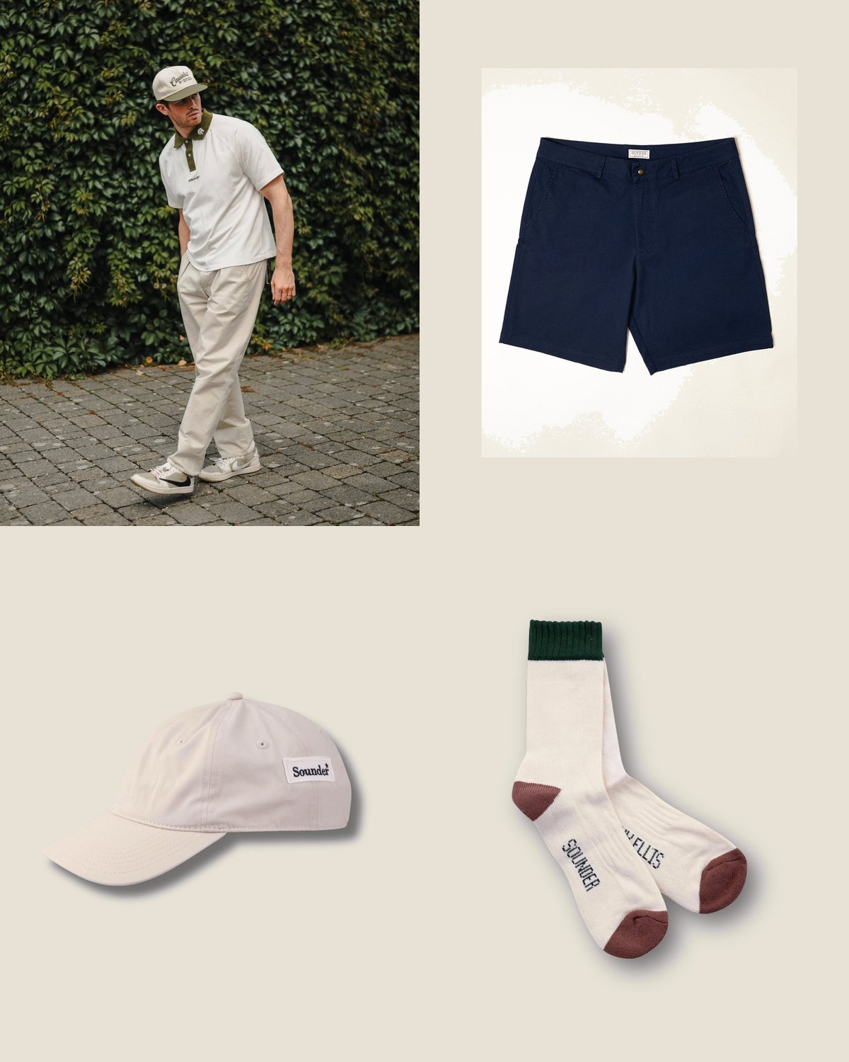 The muni round outfit from the The Clubhouse Classic capsule: Ecru pique polo, navy walking short, stone cap, cream socks.