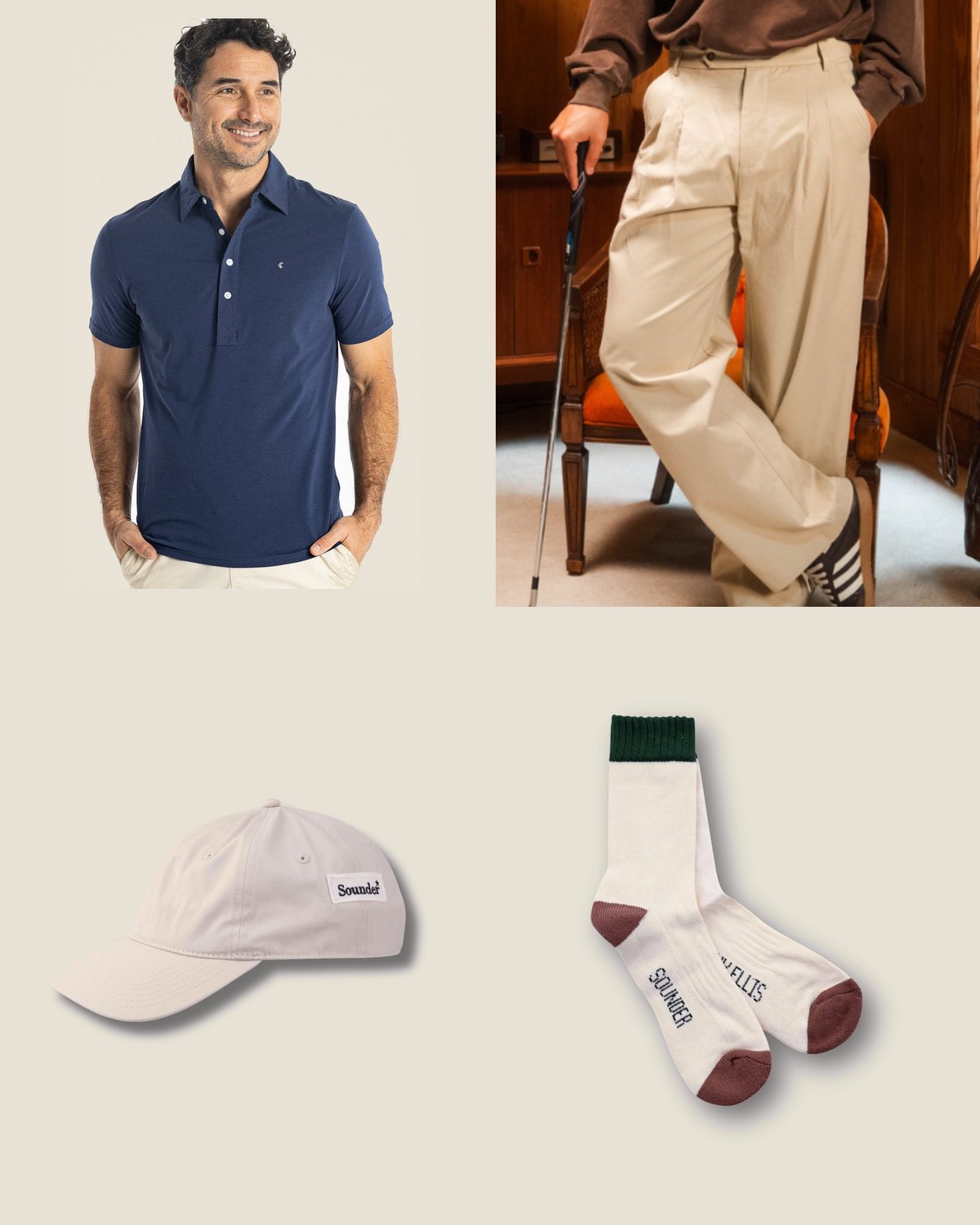 The special day outfit from the The Clubhouse Classic capsule: Navy Pima polo tucked into tan double-pleated trousers, stone cap, cream socks.