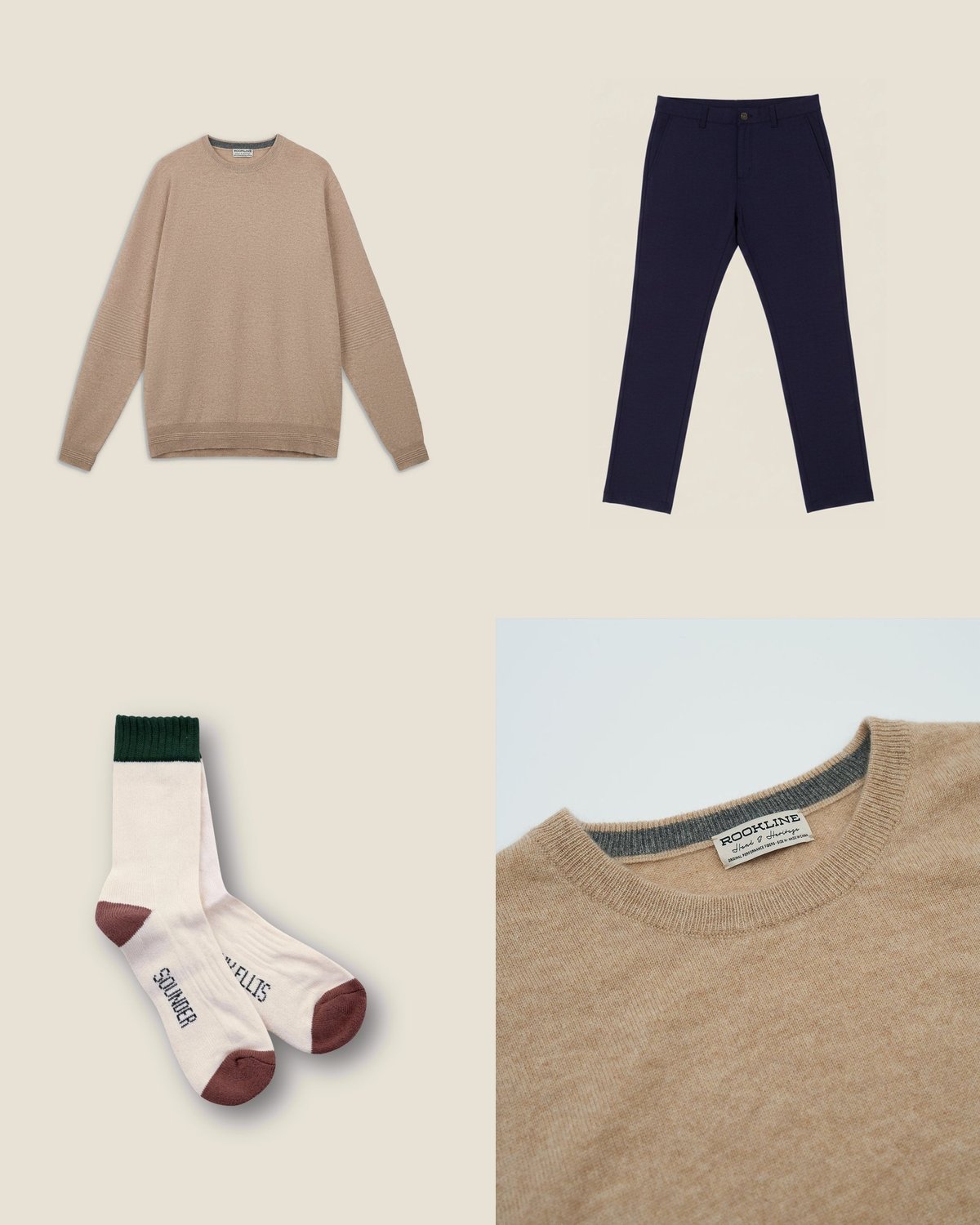After the round outfit from the The Clubhouse Classic capsule: Oatmeal cashmere crew over navy chino-cut pants. Leave the cap in the car.