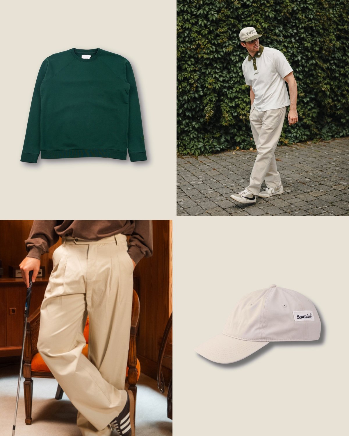 The cold morning outfit from the The Clubhouse Classic capsule: Green sweat over the ecru polo, tan trousers, stone cap.