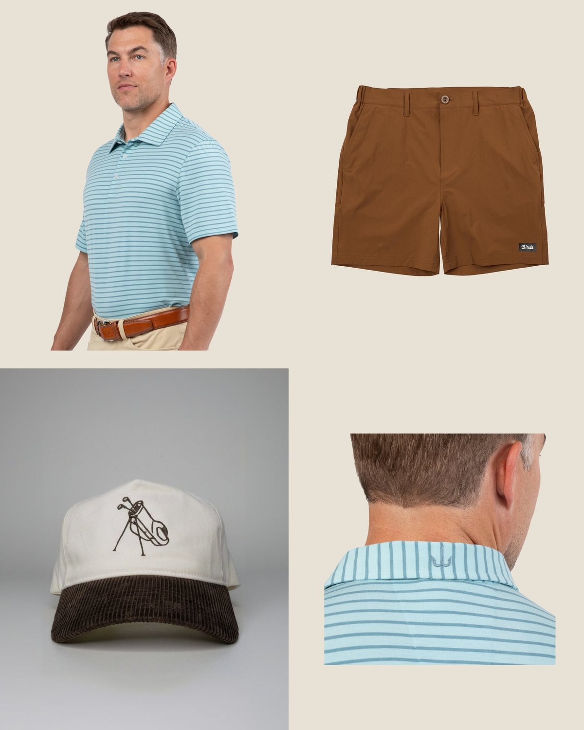 The muni round outfit from the The Coastal Resort capsule: Sea foam stripe polo, rust walk short, cream-and-espresso cap.