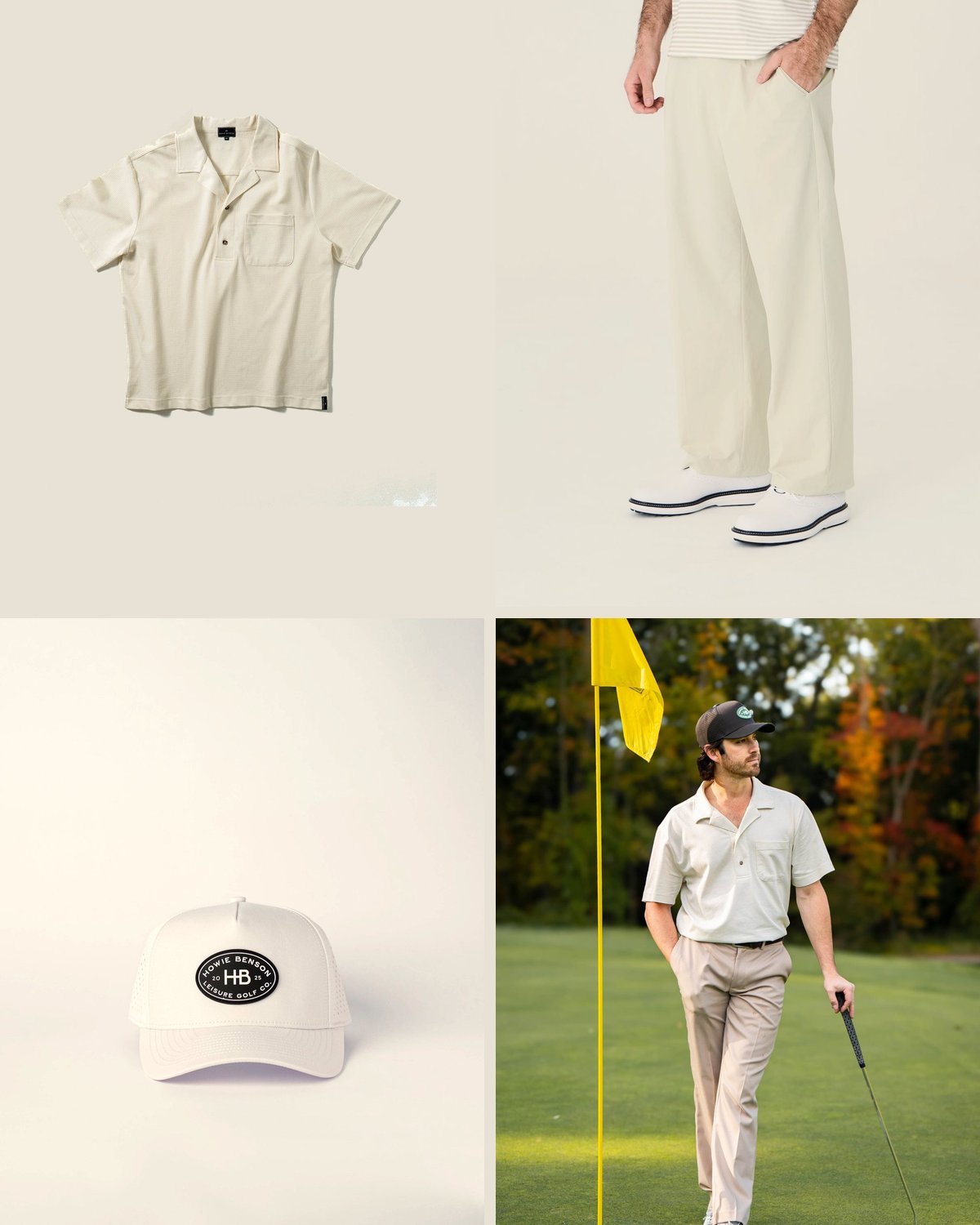 The special day outfit from the The Coastal Resort capsule: Off-white camp-collar polo, beige pleated pants, white five-panel.