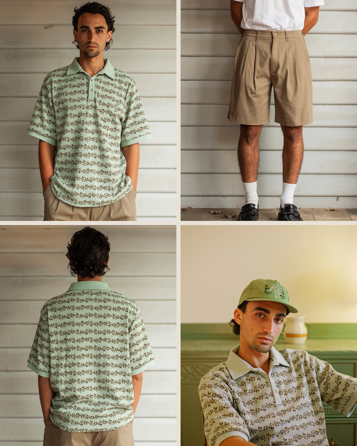 After the round outfit from the The Coastal Resort capsule: Eucalyptus waffle polo, tan pleated shorts with the tee eyelets.