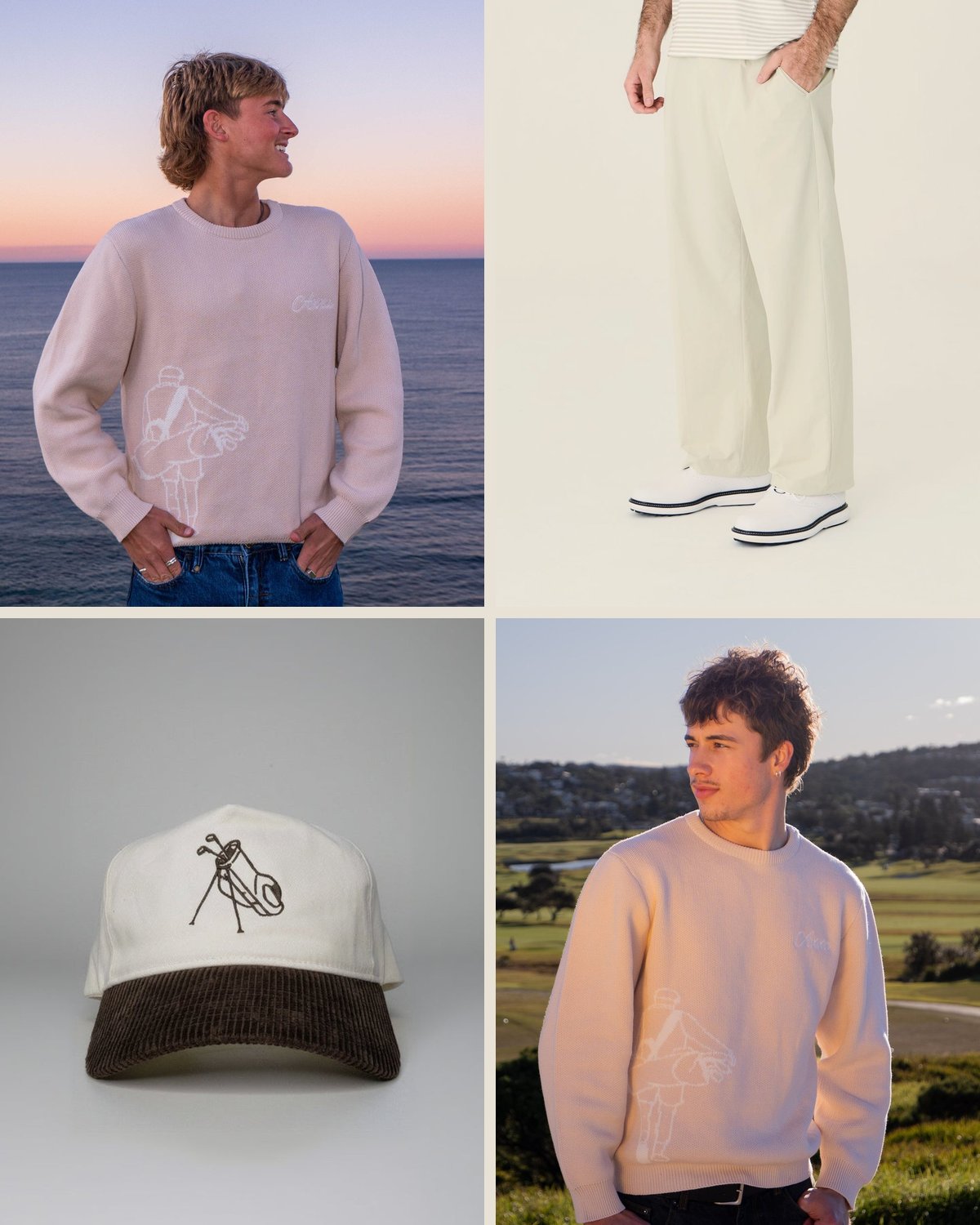 The cool evening outfit from the The Coastal Resort capsule: Cream golfer knit, beige pleated pants, the cap from the morning.