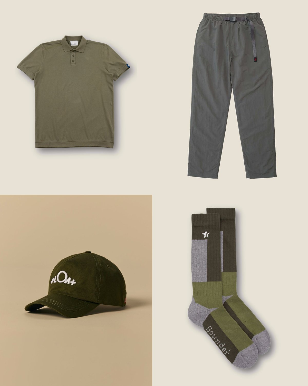 The muni round outfit from the The Outdoor Technical capsule: Olive cotton polo, carbon nylon pants, oil green cap, olive socks.