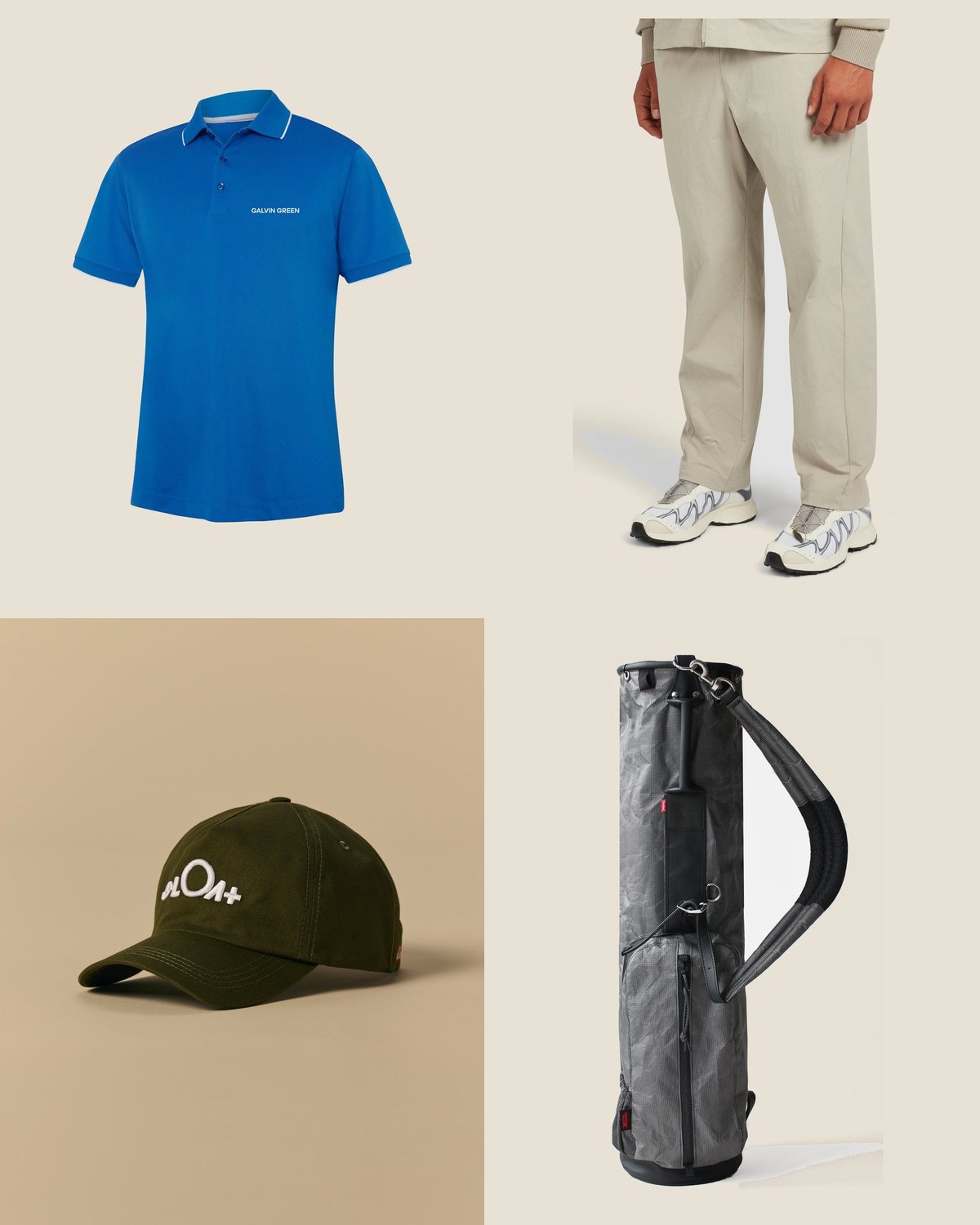 The special day outfit from the The Outdoor Technical capsule: Royal blue tour polo, dune ripstop trousers, oil green cap, and the Sentinel walker on your shoulder.