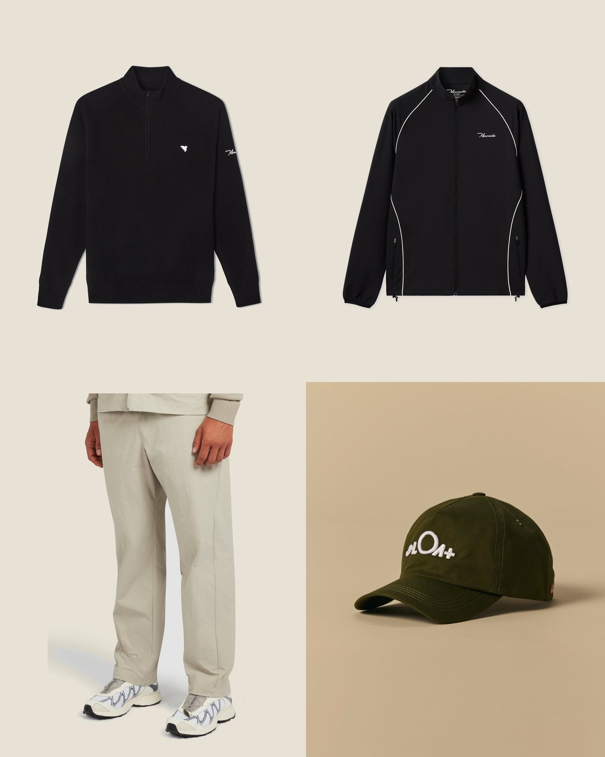 The cold, wet morning outfit from the The Outdoor Technical capsule: Merino quarter-zip under the charcoal shell, dune ripstop trousers, cap.