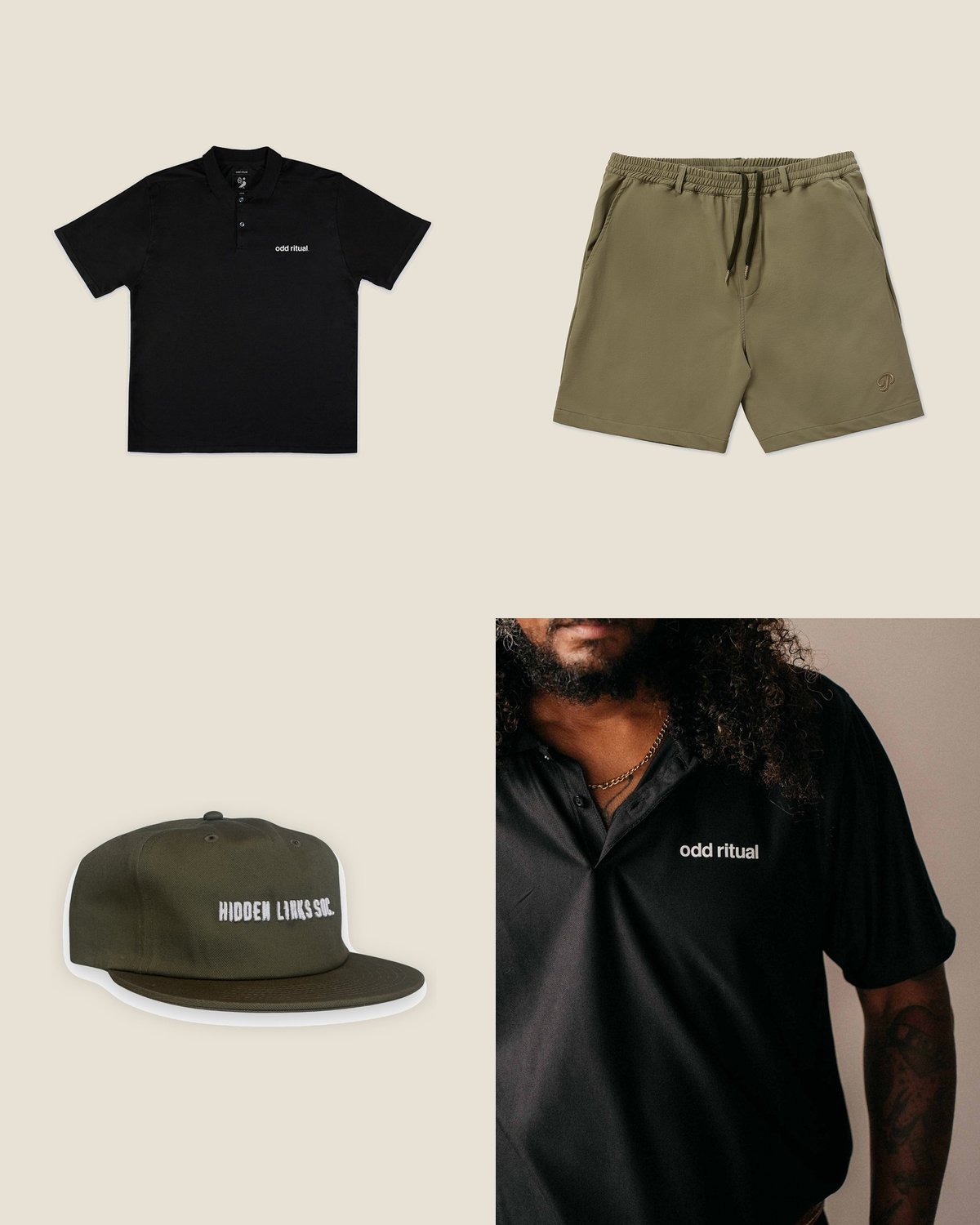 The muni round outfit from the The Muni Streetwear capsule: Black Odd Ritual polo, olive tech short, olive cap.