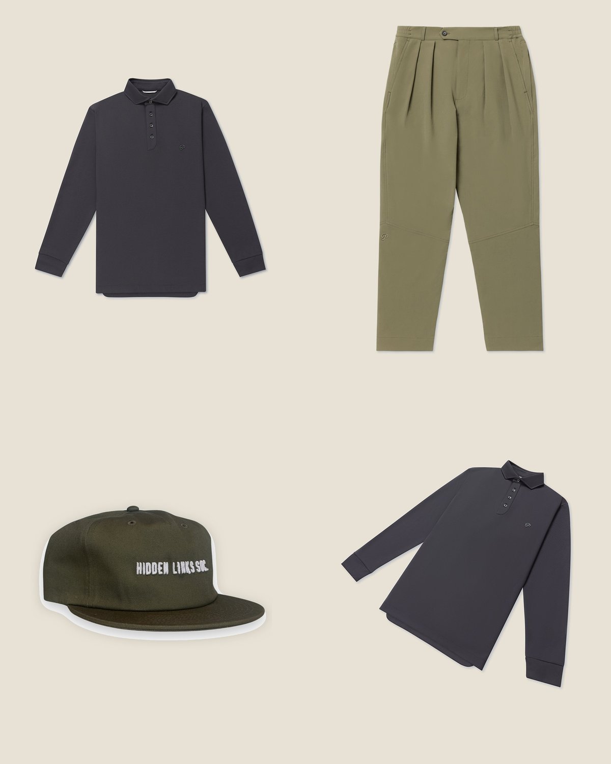 The special day outfit from the The Muni Streetwear capsule: Slate waffle polo, olive pleated pants, olive cap.