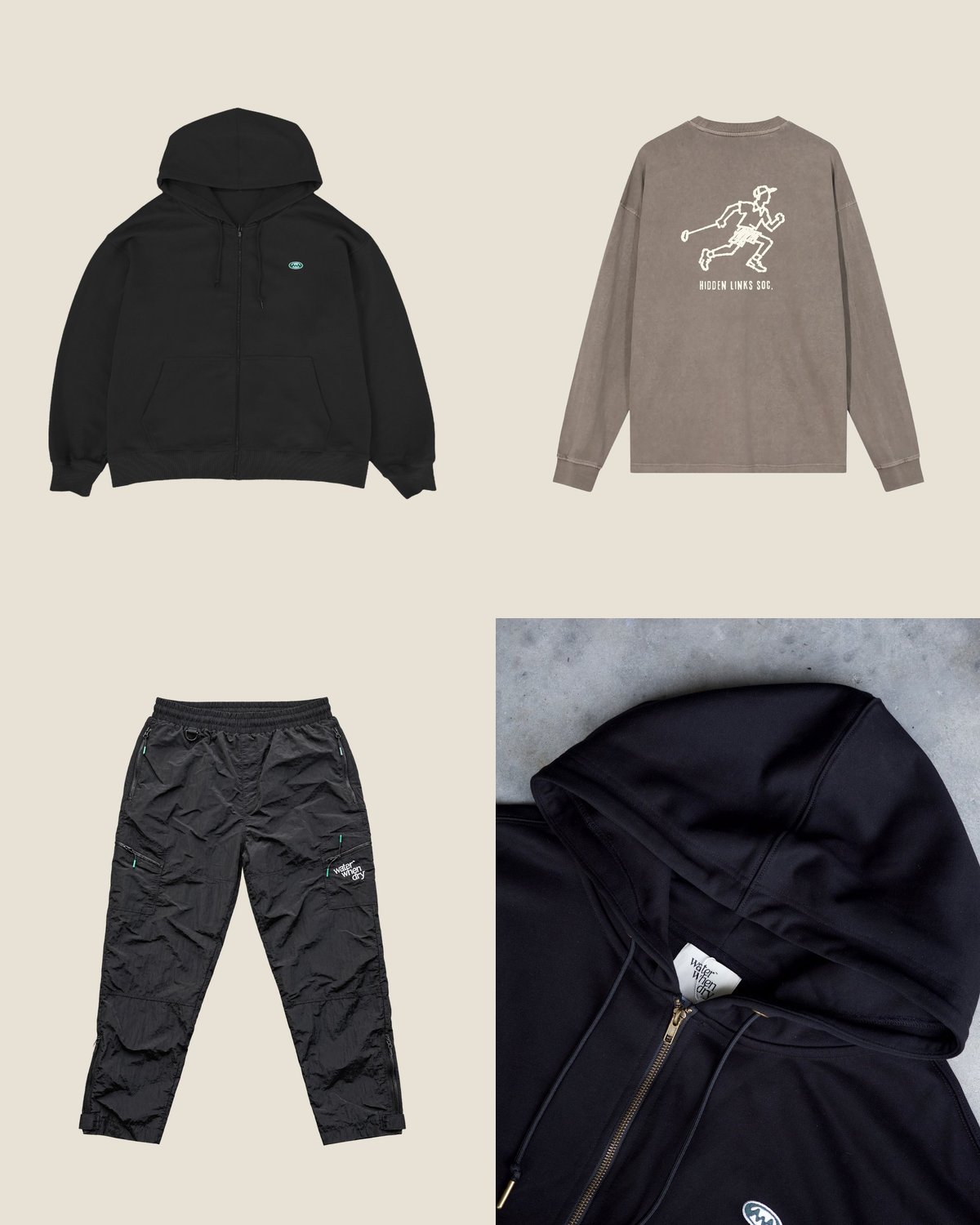 After the round outfit from the The Muni Streetwear capsule: Charcoal zip hoodie over the brown long sleeve, black utility pants.
