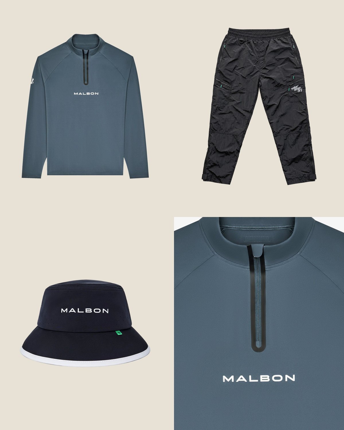 The cold morning outfit from the The Muni Streetwear capsule: Slate quarter-zip, black utility pants, black bucket.