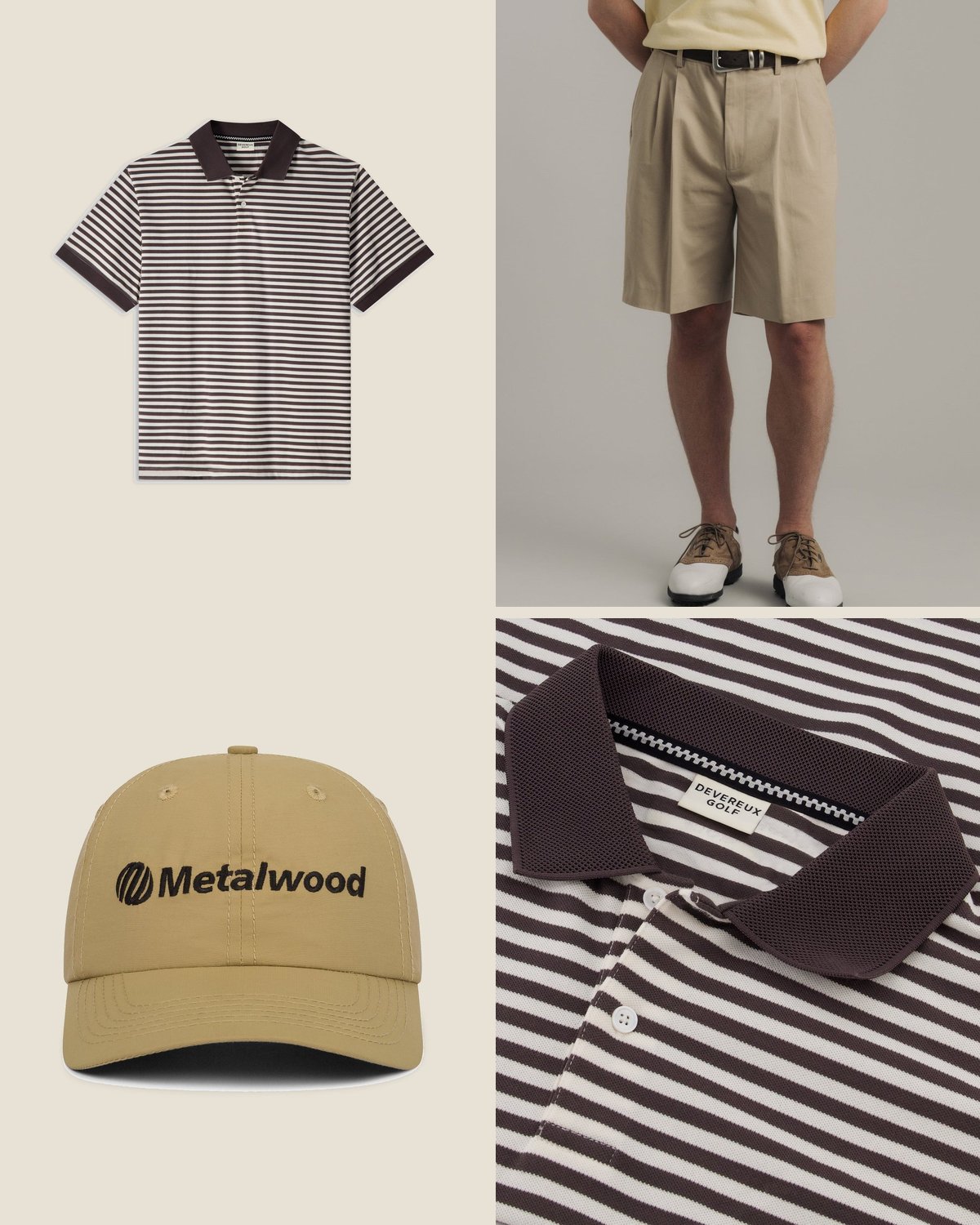 The muni round outfit from the The Tour ’97 capsule: Brown stripe polo, beige double-pleat shorts, tan dad hat.