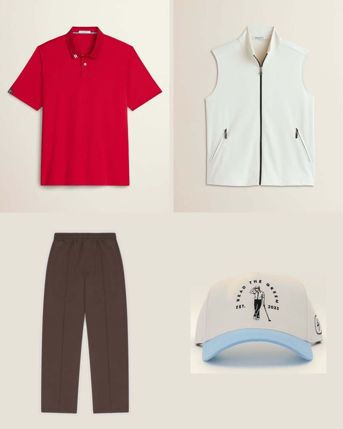 The special day outfit from the The Tour ’97 capsule: Red polo under the bone vest, brown pleated pants, sky cap.