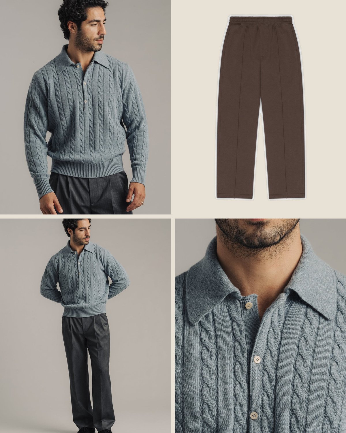 After the round outfit from the The Tour ’97 capsule: Light blue cable-knit polo over brown pleated pants. That's it.