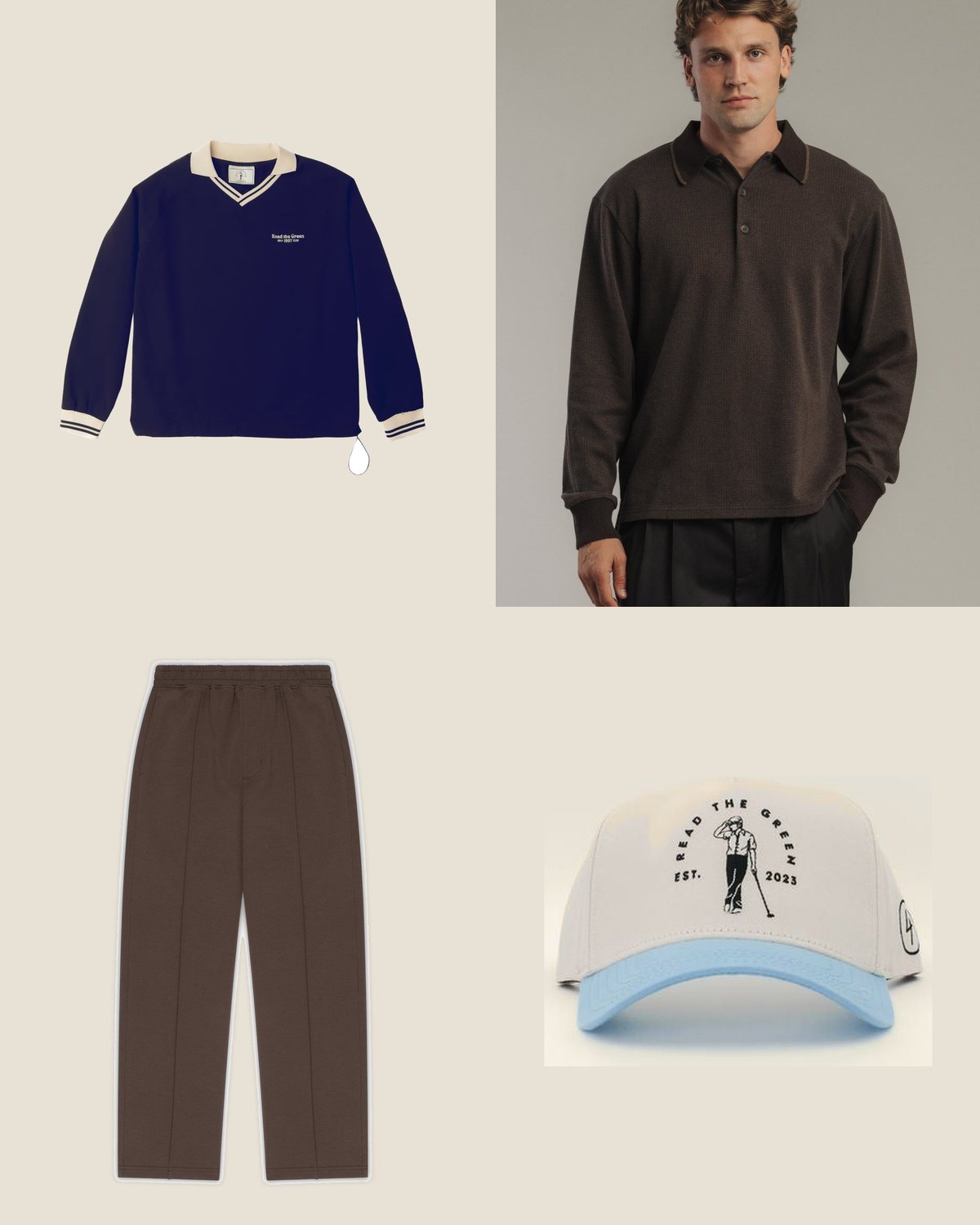 The cold morning outfit from the The Tour ’97 capsule: Navy '97 pullover over the brown ribbed polo, brown pants, sky cap.
