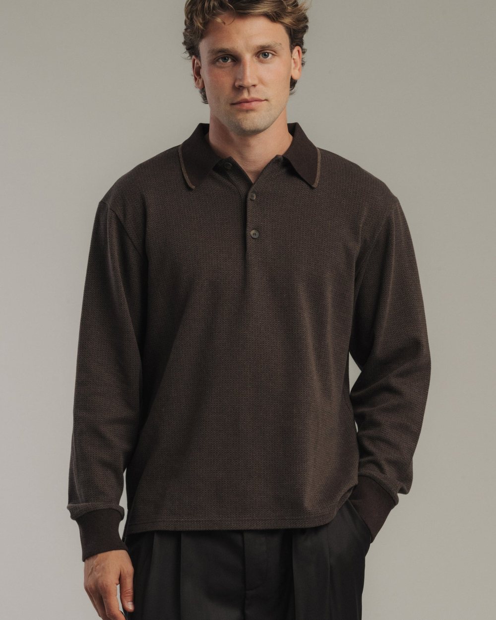 Late Nine Ribbed Jersey Polo Long Sleeve, Brown Melange · view 1 of 3