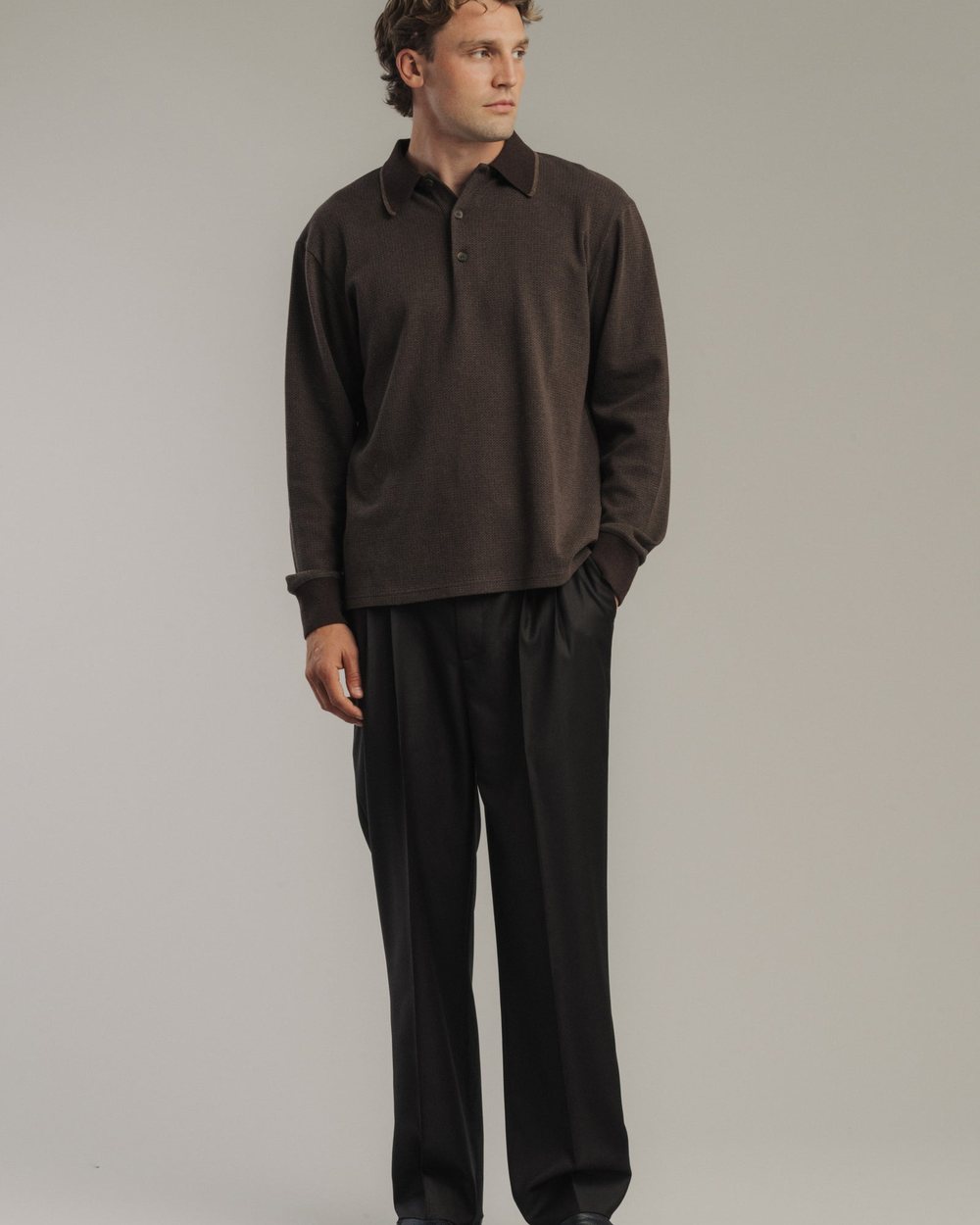 Late Nine Ribbed Jersey Polo Long Sleeve, Brown Melange · view 2 of 3