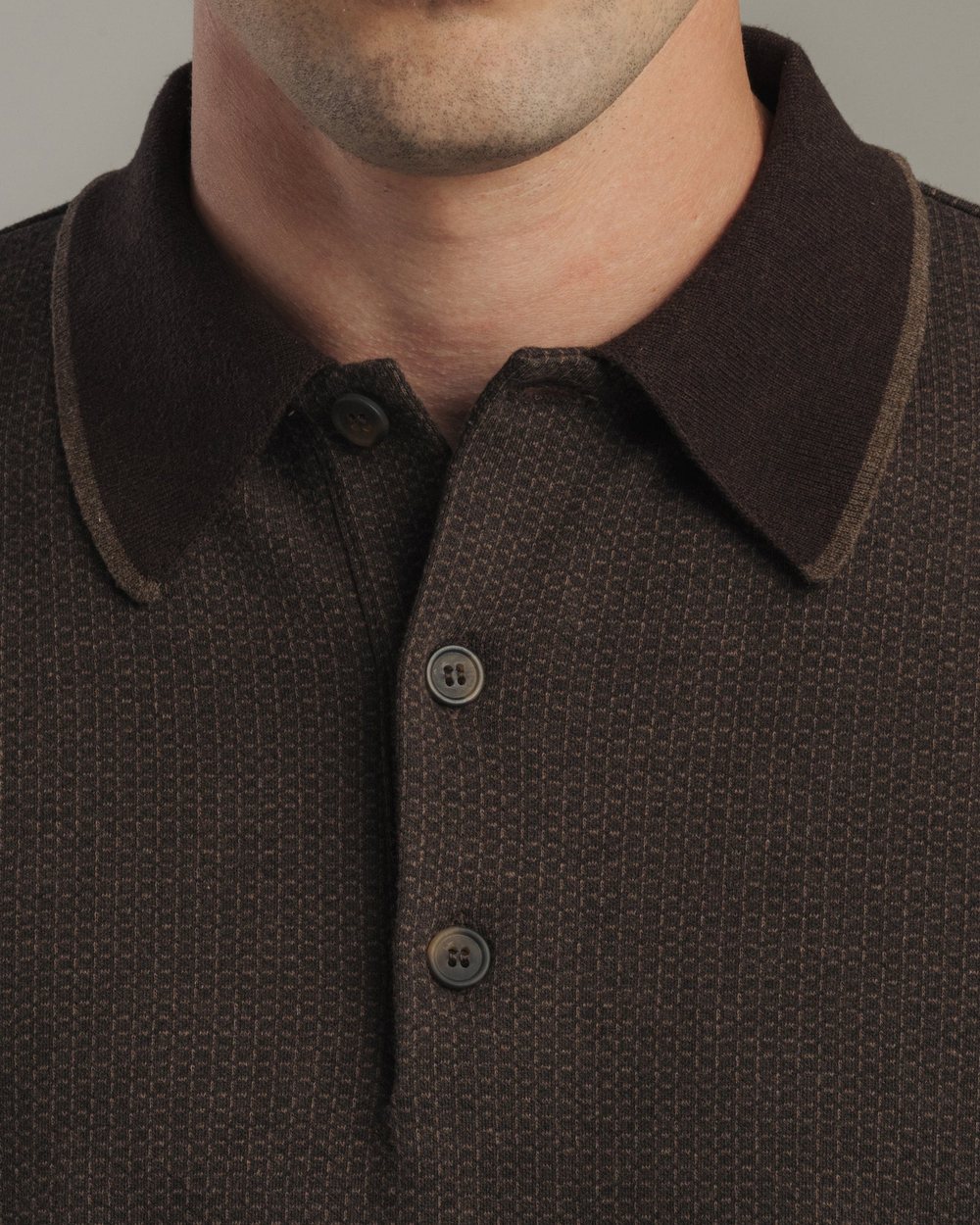 Late Nine Ribbed Jersey Polo Long Sleeve, Brown Melange · view 3 of 3