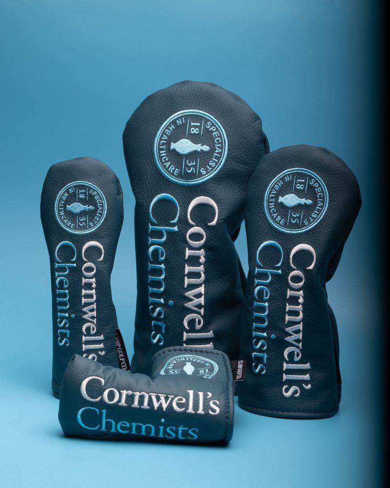 Navy Cornwell's Chemists headcovers made by Clamp
