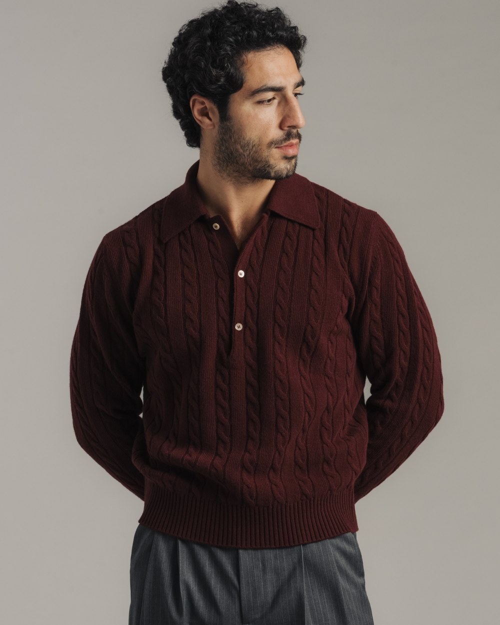 Late Nine Cable Knit Polo, Burgundy · view 2 of 3