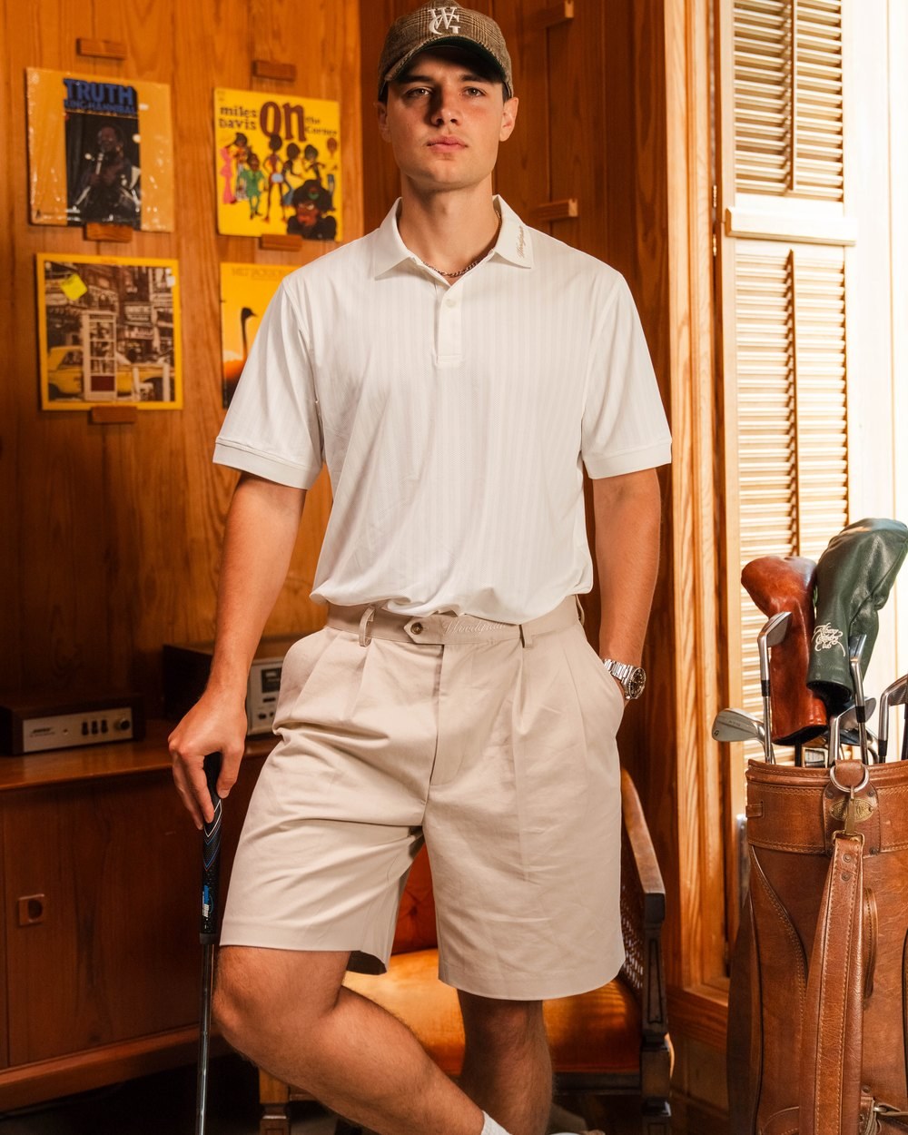Woodgrain Golf Double Pleated Short, Tan · view 1 of 2