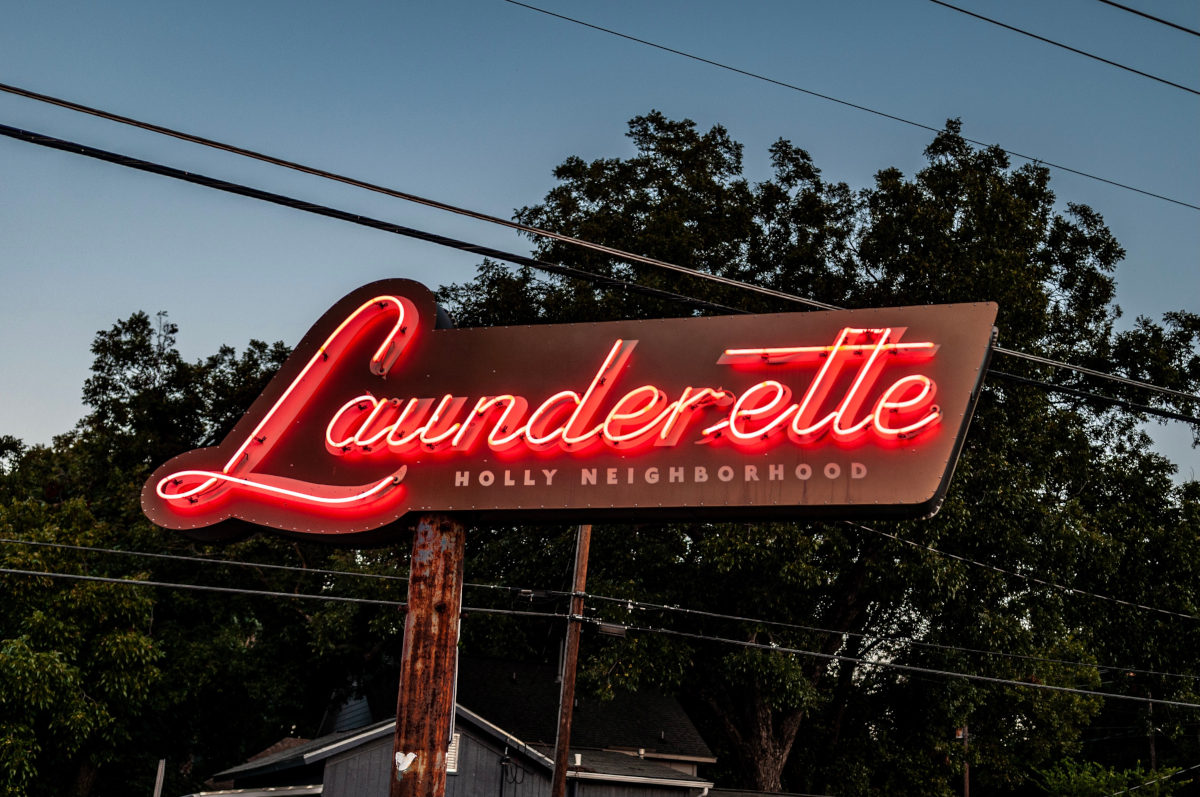 The Launderette neon sign, converted 1950s laundromat restaurant in East Austin