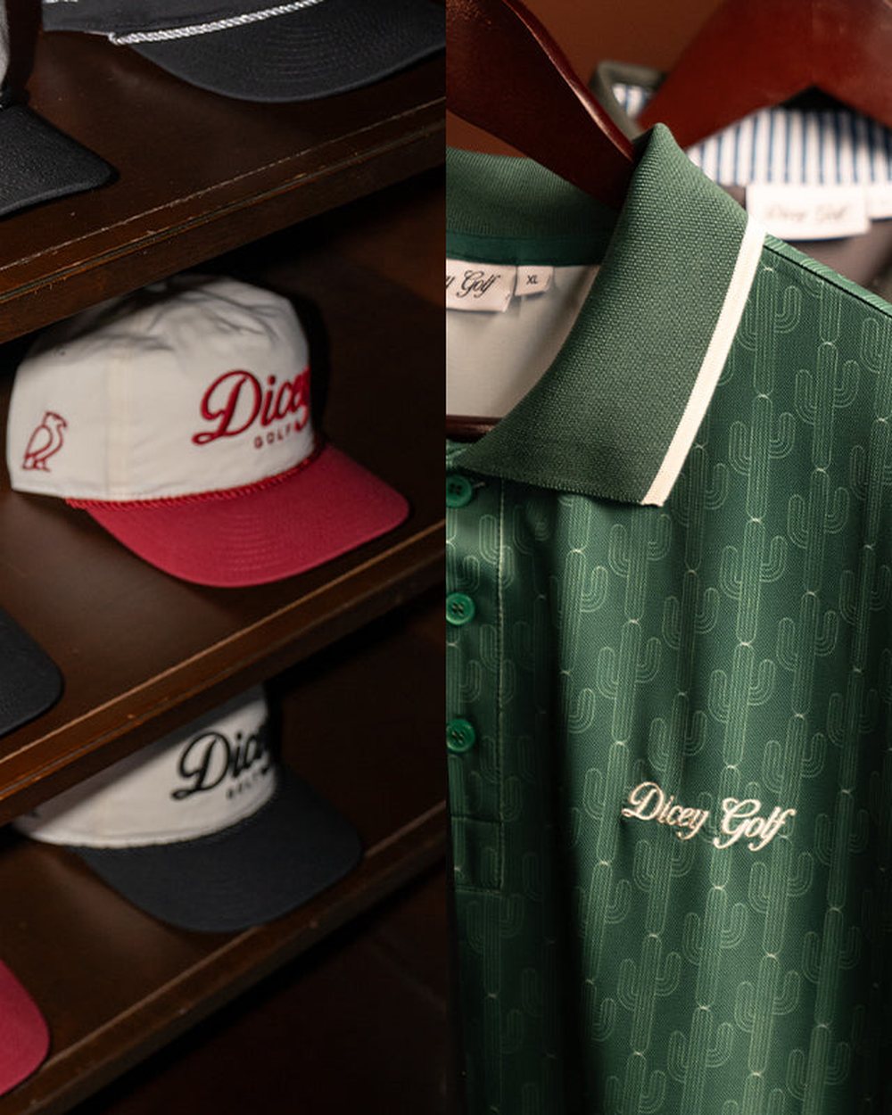 Dicey hats on a shelf and polos on a rack