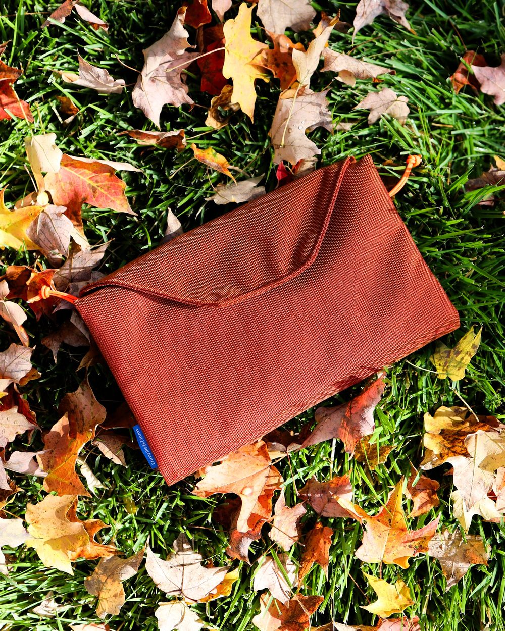 A rust Essentials Pouch lying in fallen leaves