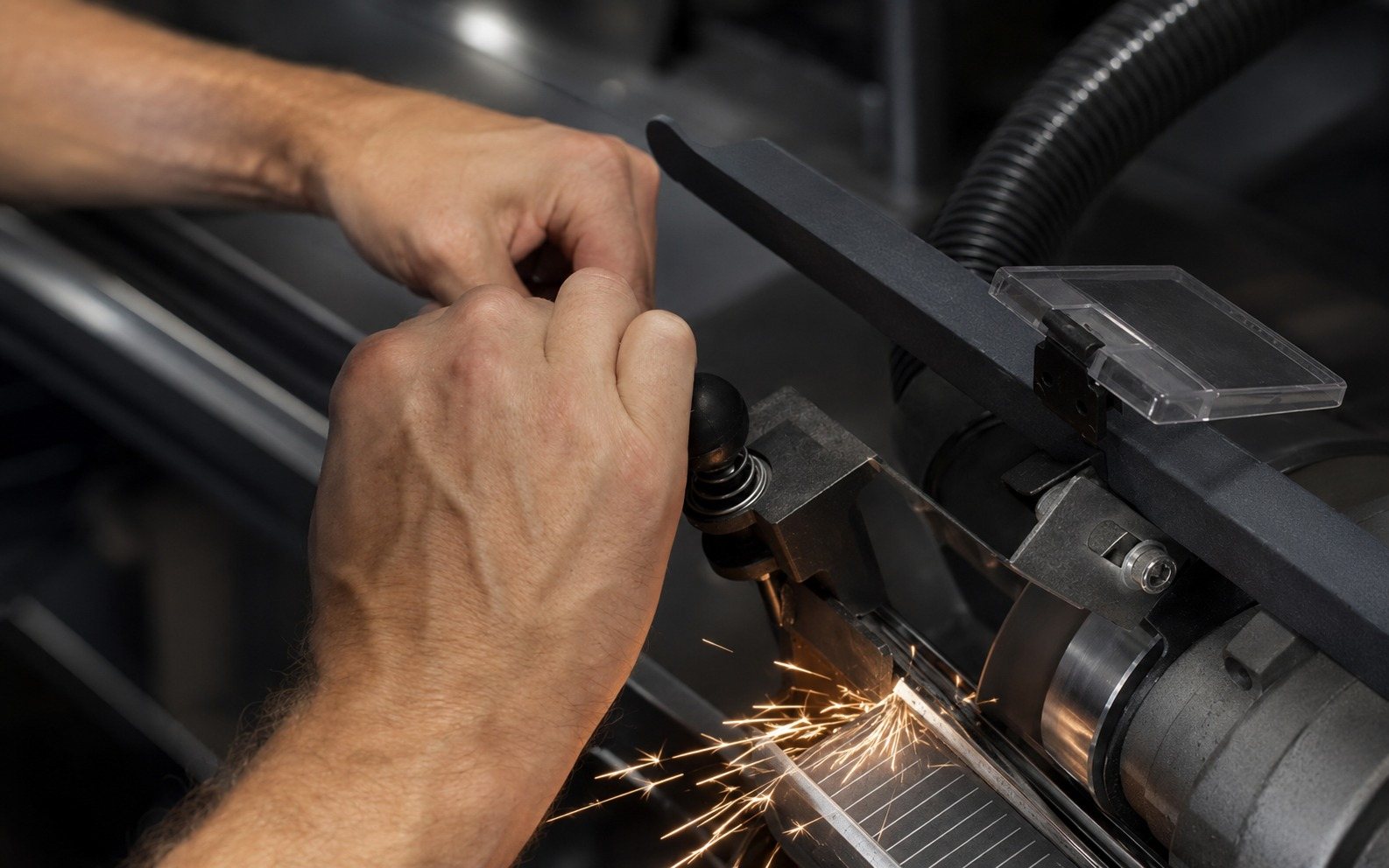 A club being ground on a wheel in Haywood Golf’s workshop, sparks flying