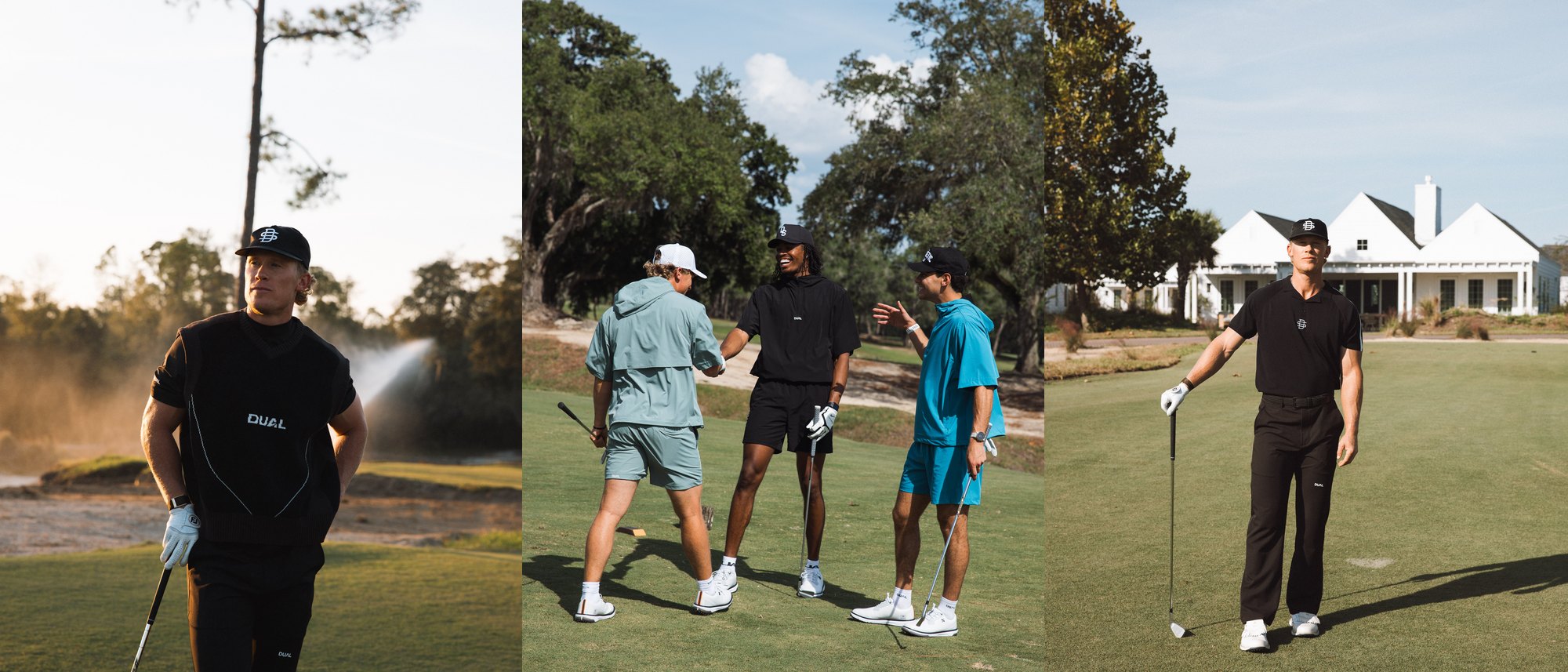 Three Dual Sport photos on the course: a golfer in the black Volt knit vest by a sprinkler, three players in Dual Sport windbreakers and shorts shaking hands on a fairway, and a golfer in black Motion pants in front of a white clubhouse