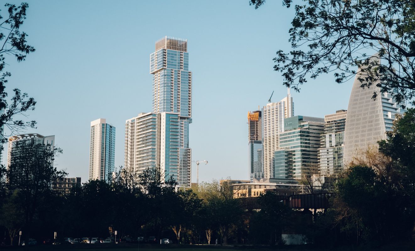 Austin skyline seen from Butler Pitch and Putt at dusk