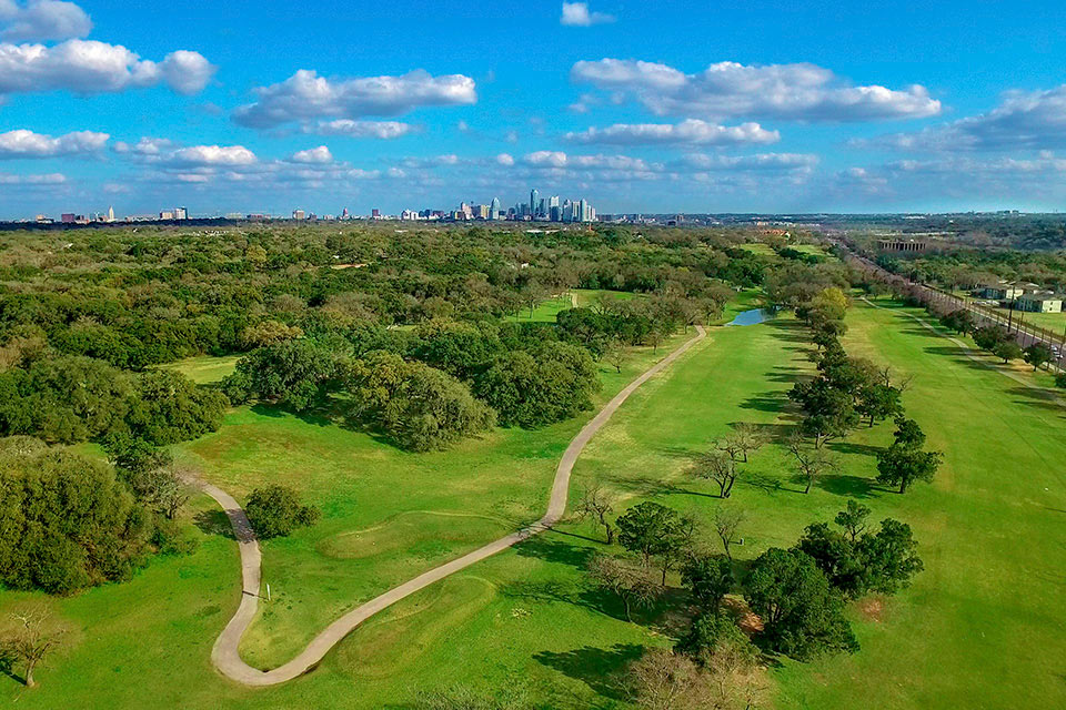 Aerial view of Lions Municipal Golf Course in Austin, Texas