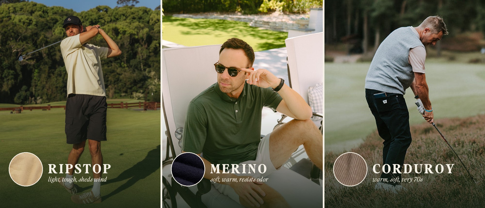 Golfers in ripstop shorts, a merino polo and corduroy pants, each with a fabric swatch