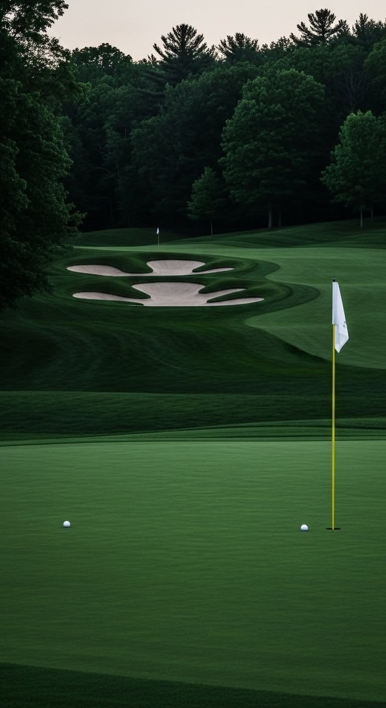 Dark saturated green with a white flag and two cloverleaf bunkers cut into it