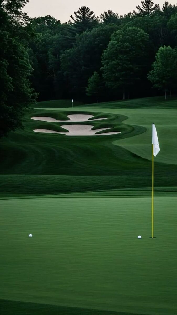 Moody green course with white flag and sculpted bunkers framed by pine trees