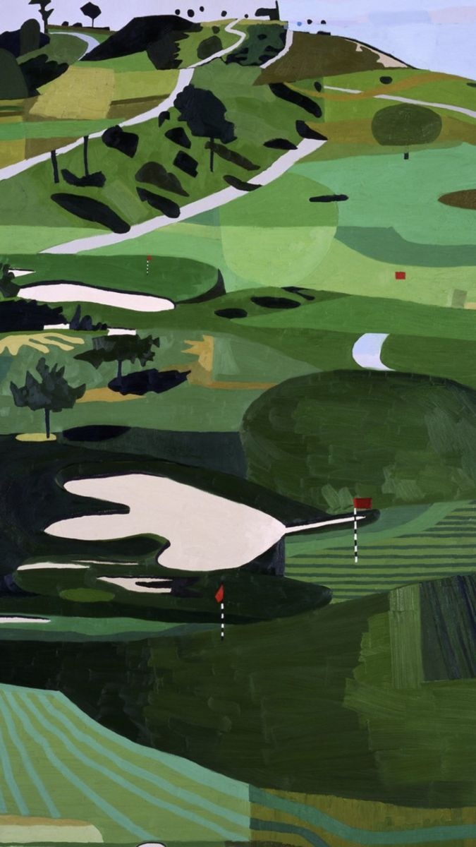 Flat graphic illustration of a golf hole in layered greens with white bunkers