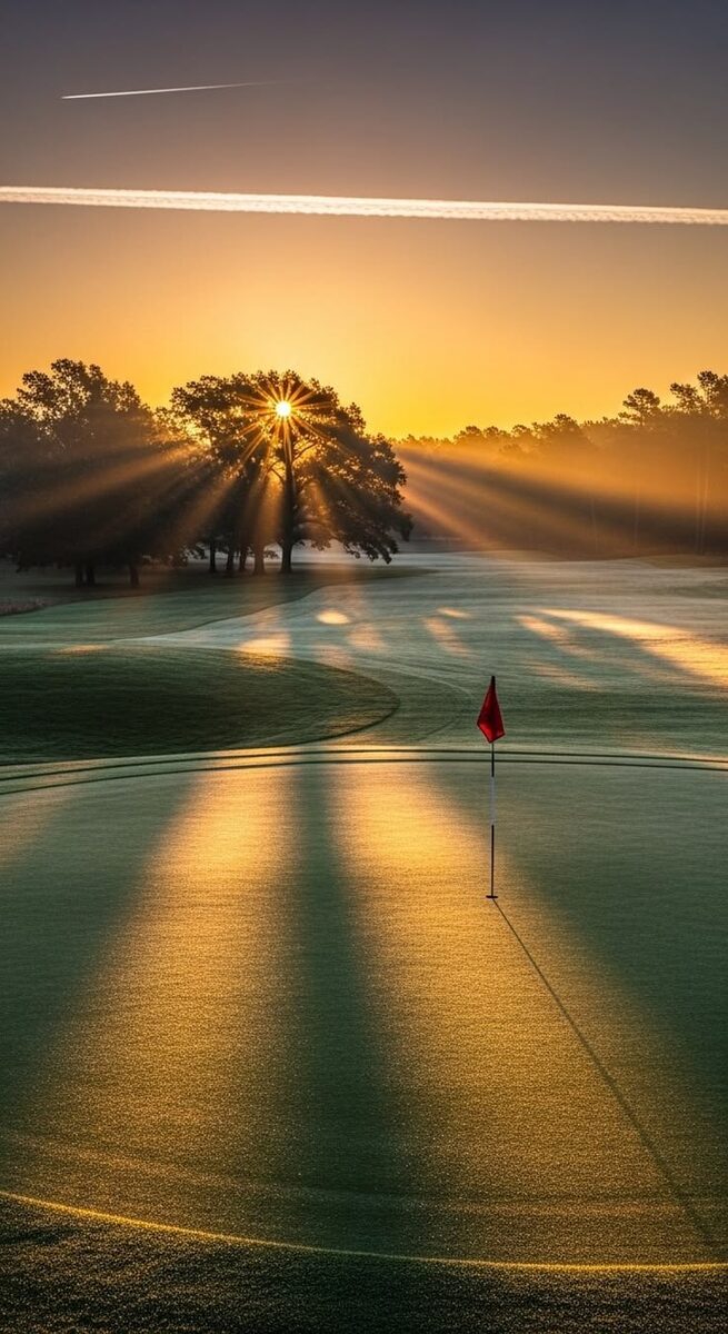Sunrise with sun beams through an oak tree casting long shadows across dewy green with red flag