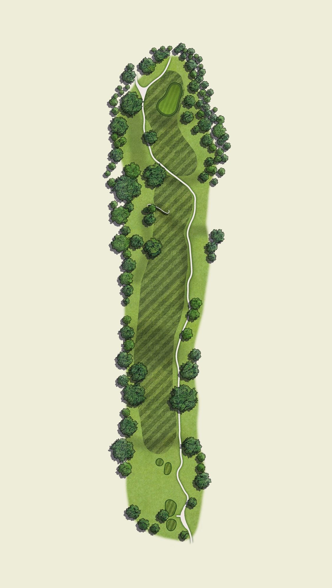 Illustrated hole diagram showing a narrow dogleg lined with drawn trees
